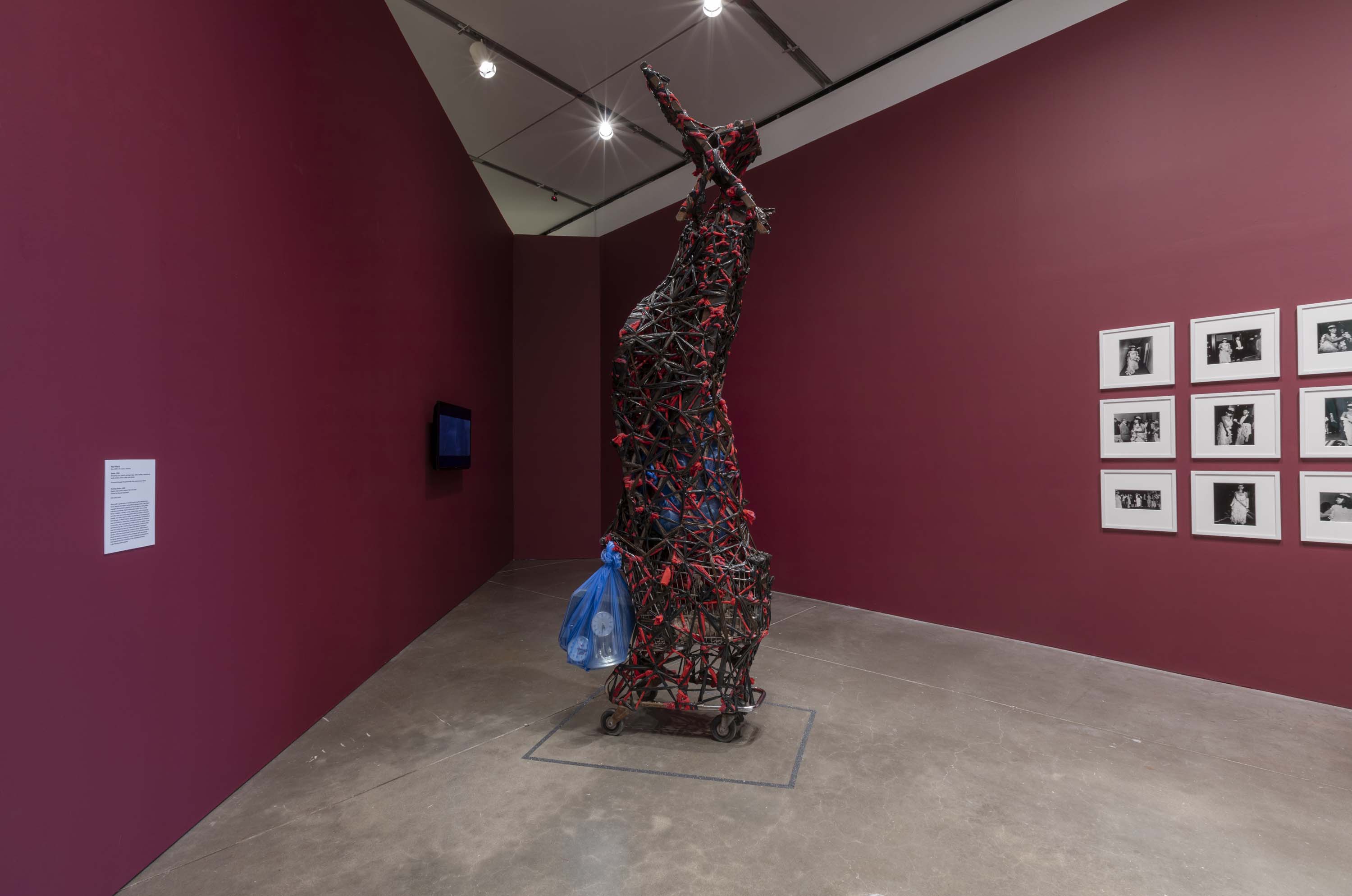 A view of Nari Ward's "Savior" in the galleries at the ICA.