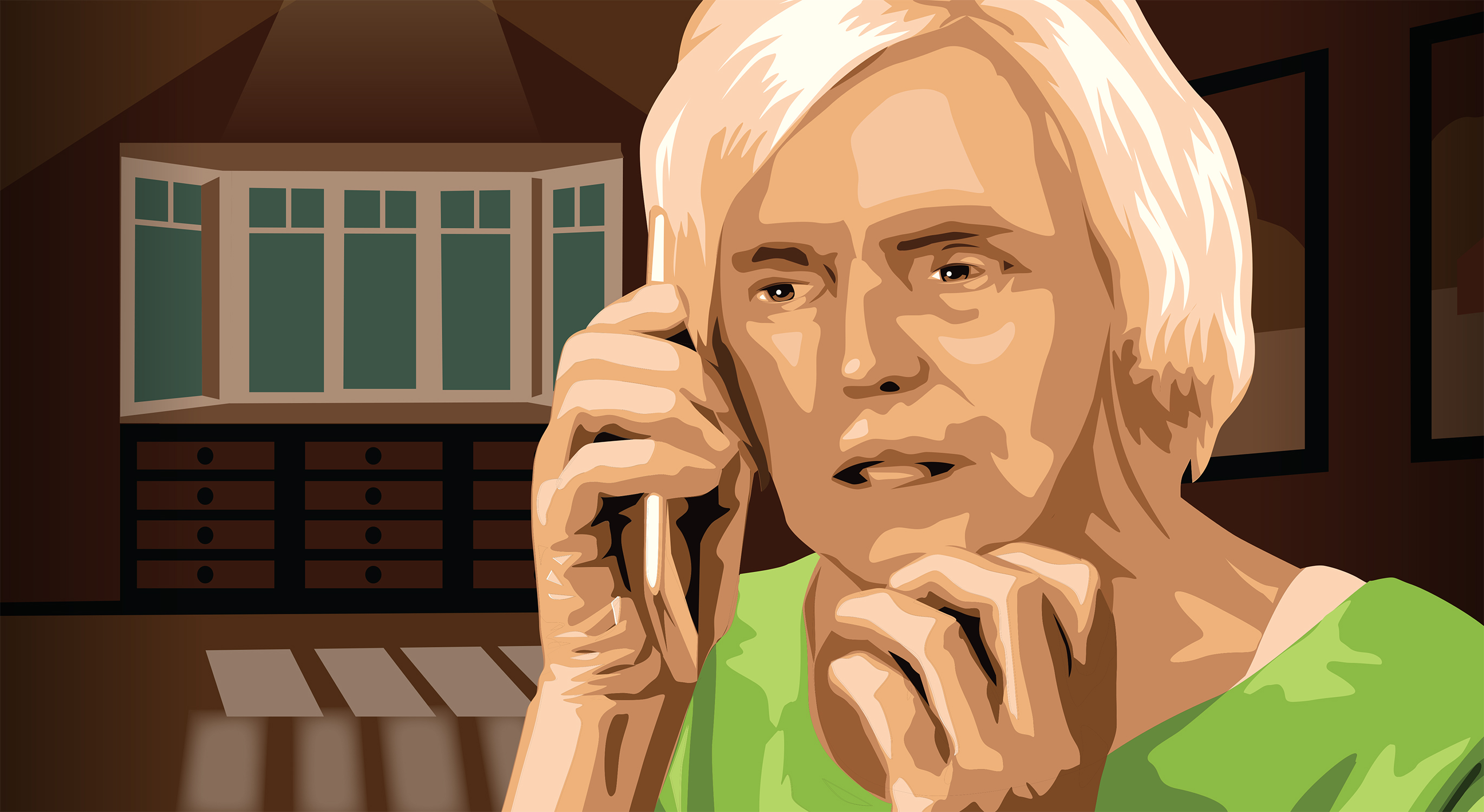 An illustration of Vera Pratt talking on the phone.