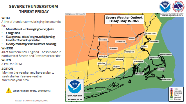 This map shows which areas of Southern New England will likely be hit hardest by thunderstorms Friday.