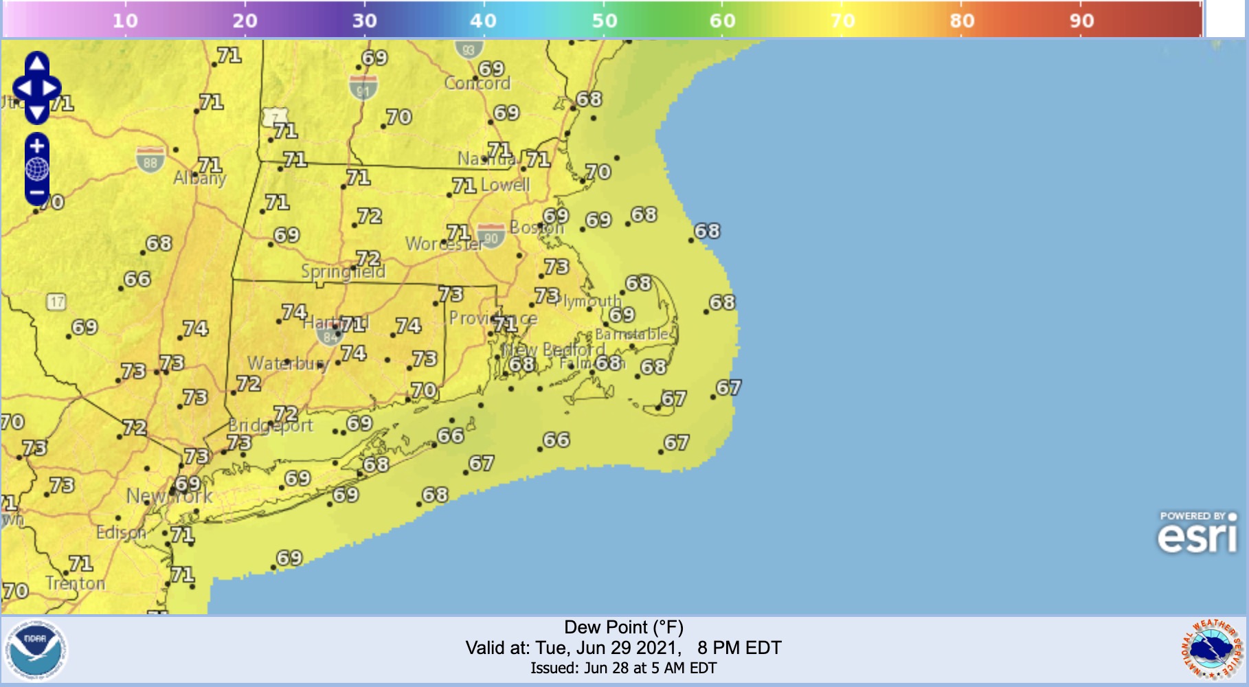 The dew points expected throughout the region on Tuesday.
