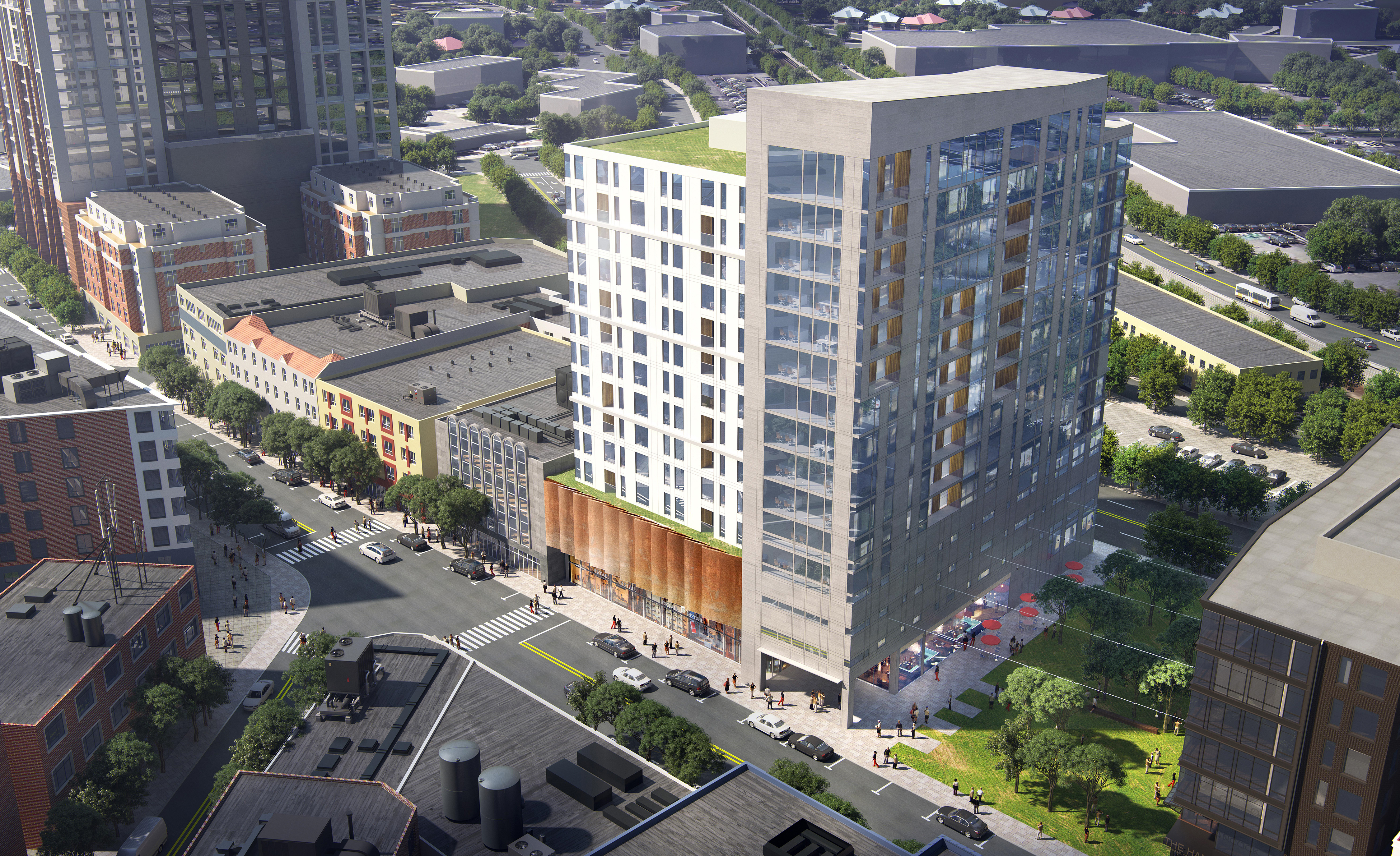 A rendering shows the planned development of two new buildings along Hancock Street in Quincy, including residential and retail space, with a new park in between.
