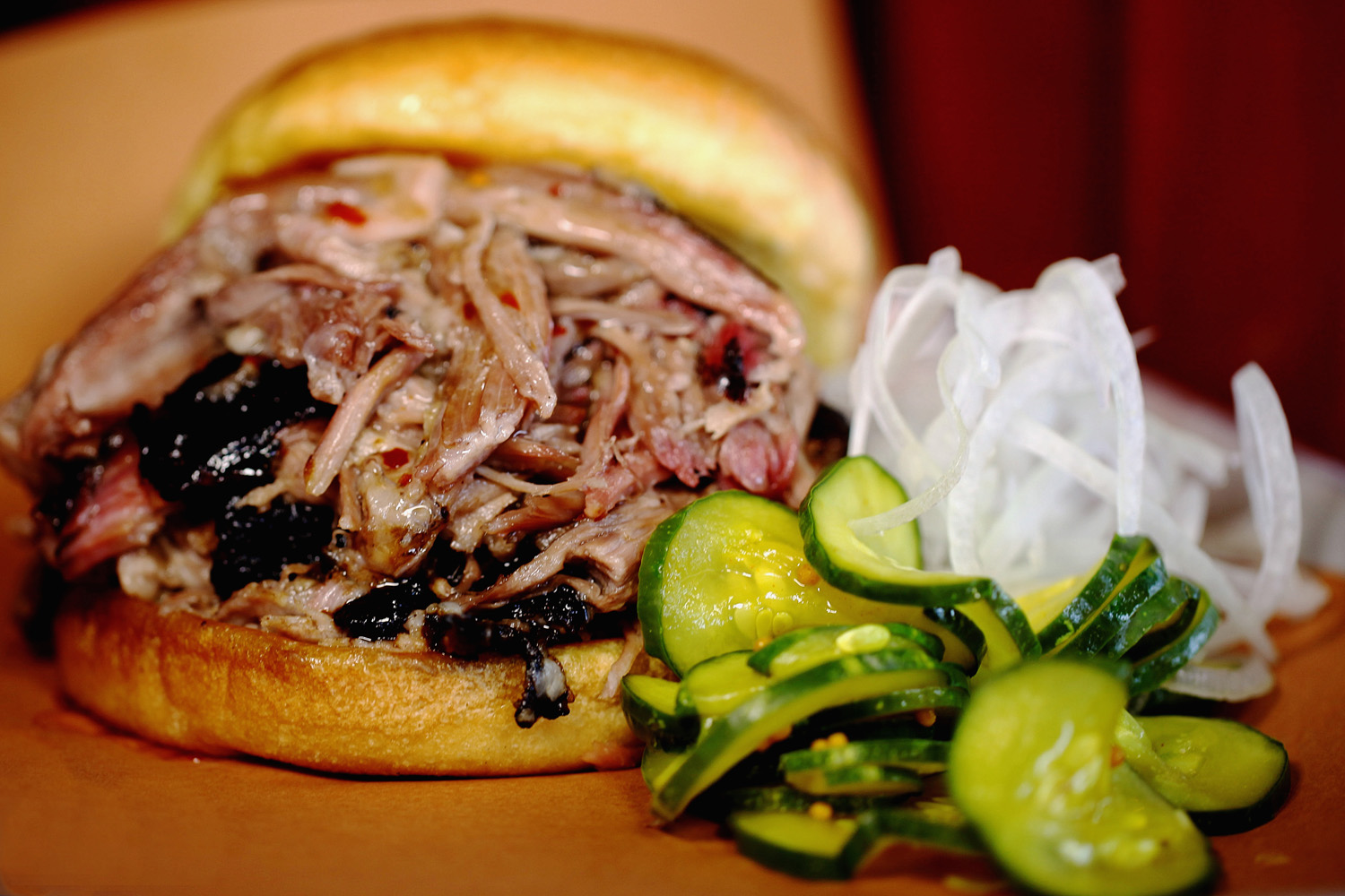A pulled pork sandwich from Sweet Cheeks Q.