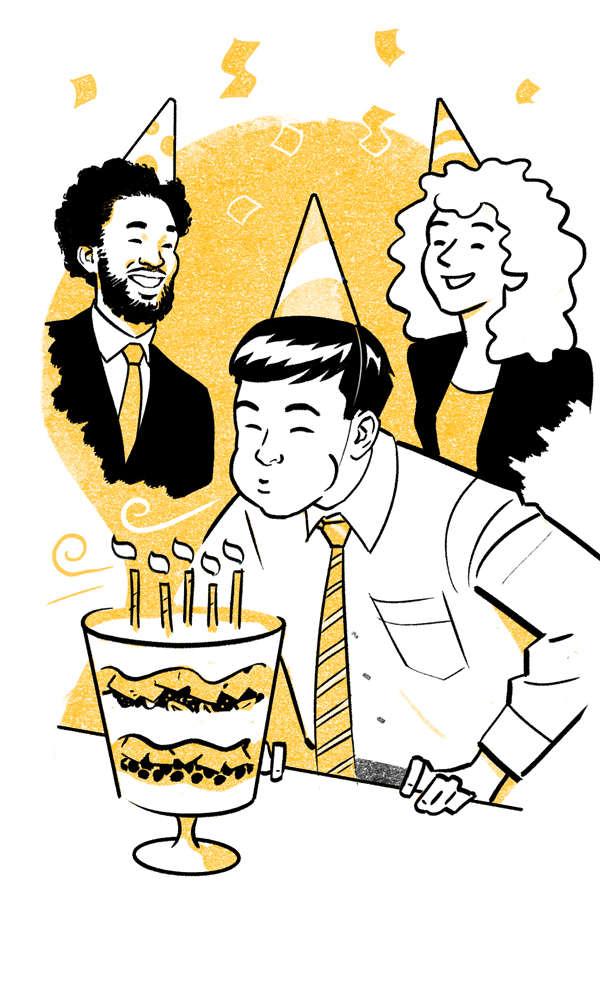 Illustration of a man blowing out birthday candles while wearing a party hat and surrounded by co-workers.