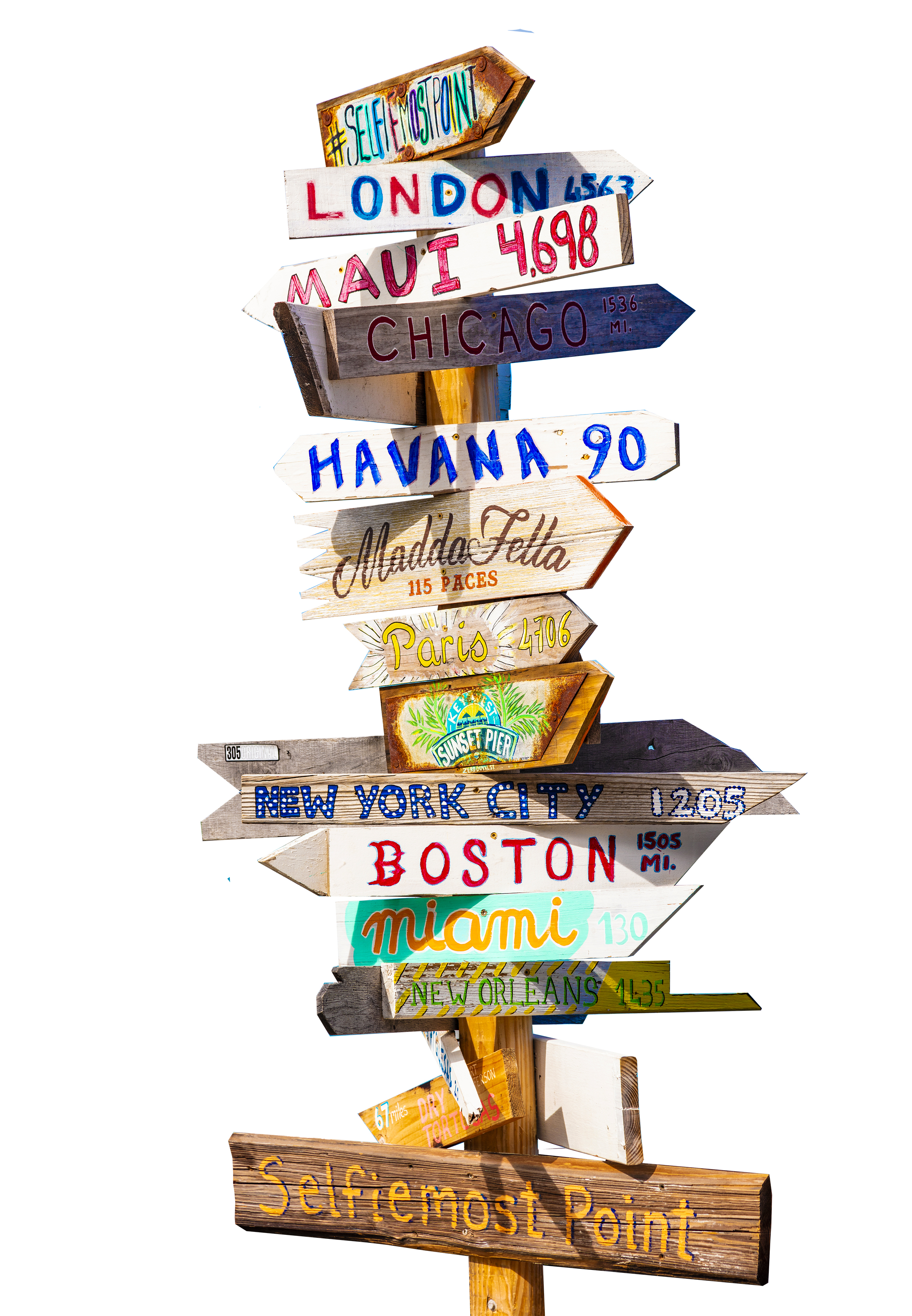 Direction sign with arrow pointing toward Key West and other locales like Miami and Boston.