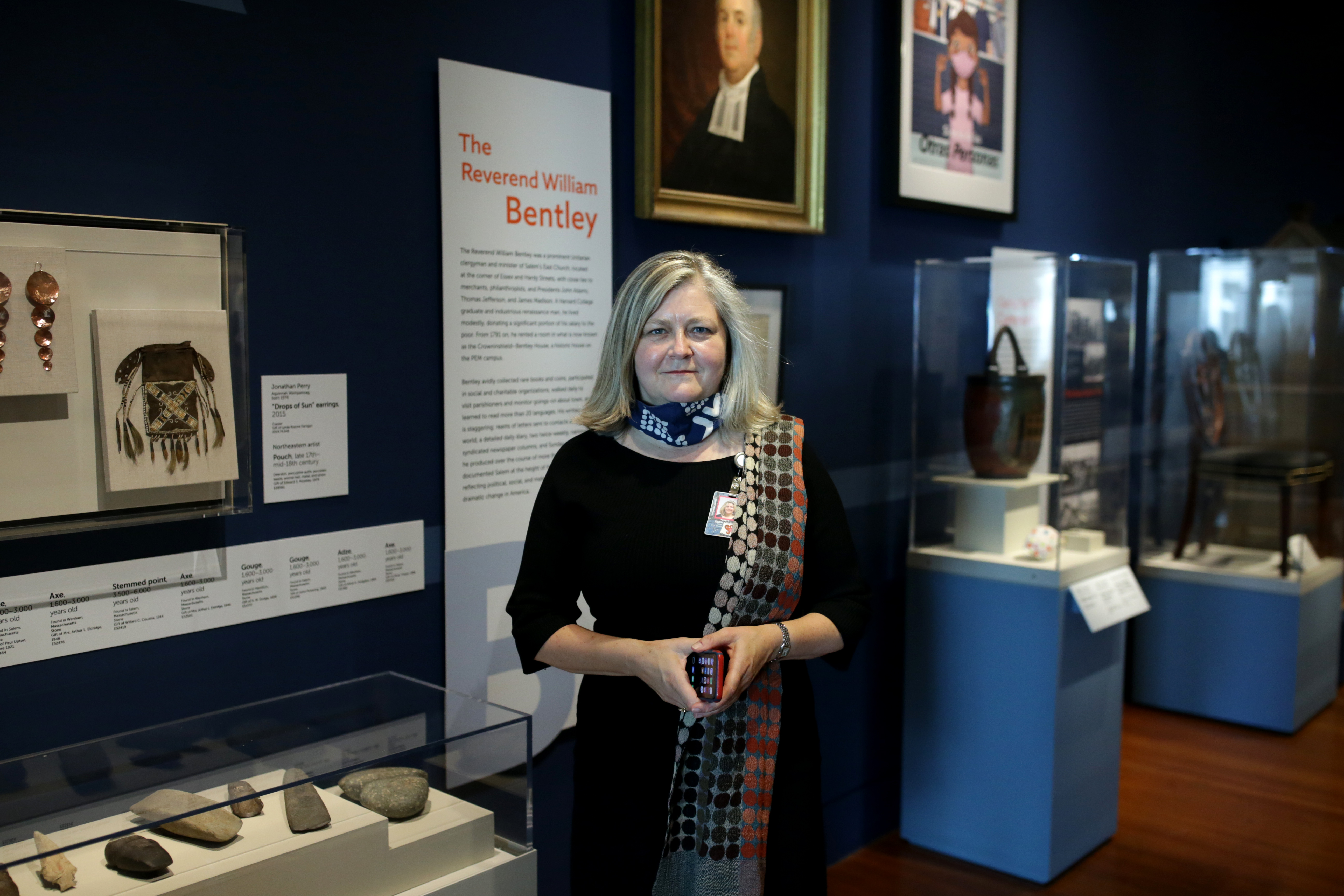 Karina Corrigan at the exhibit, “Salem Stories,” an A to Z of art and artifacts that recount Salem’s history.