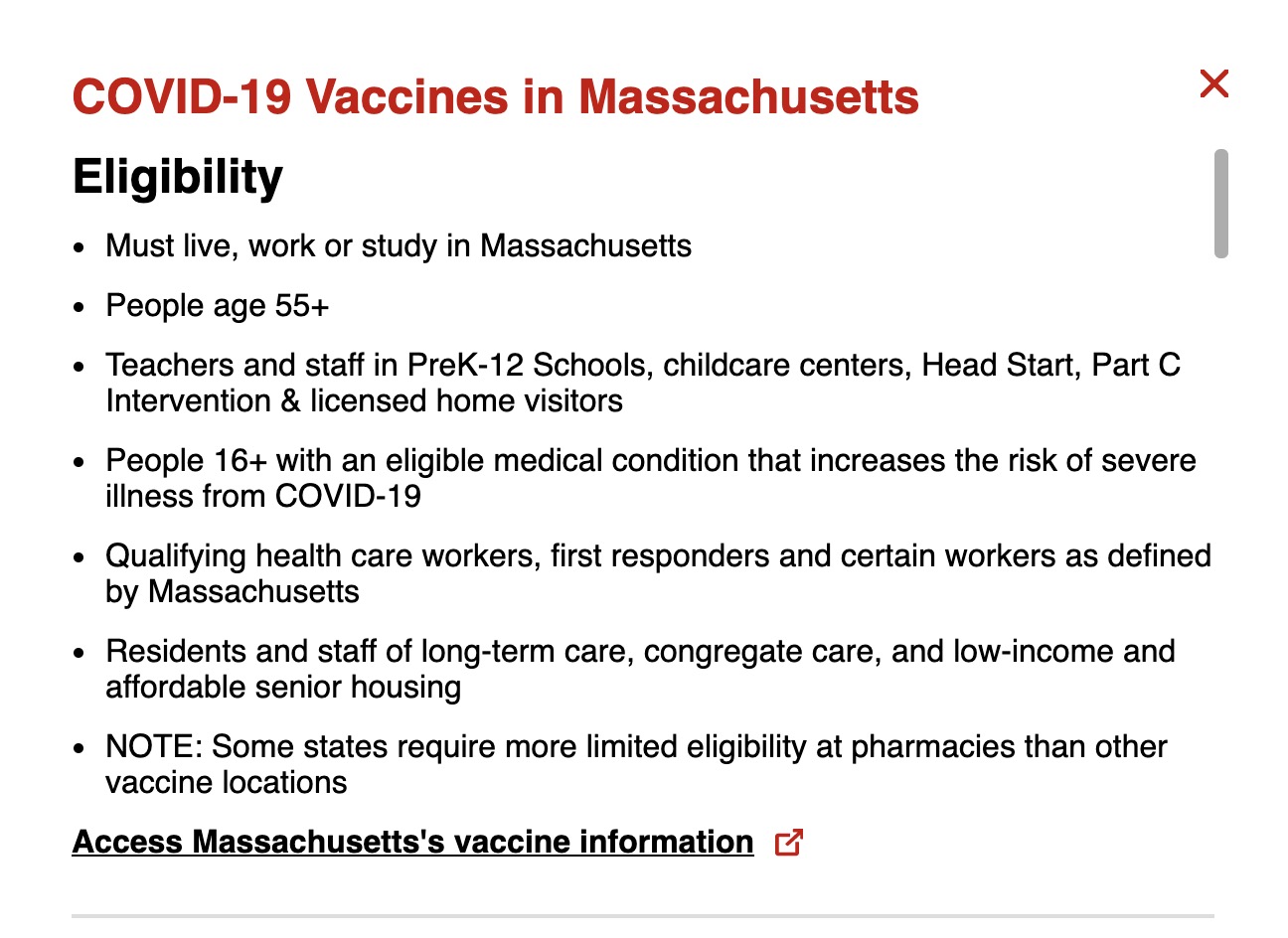 CVS updated its eligibility requirements to reflect the changes made on Monday in Massachusetts shortly after midnight.