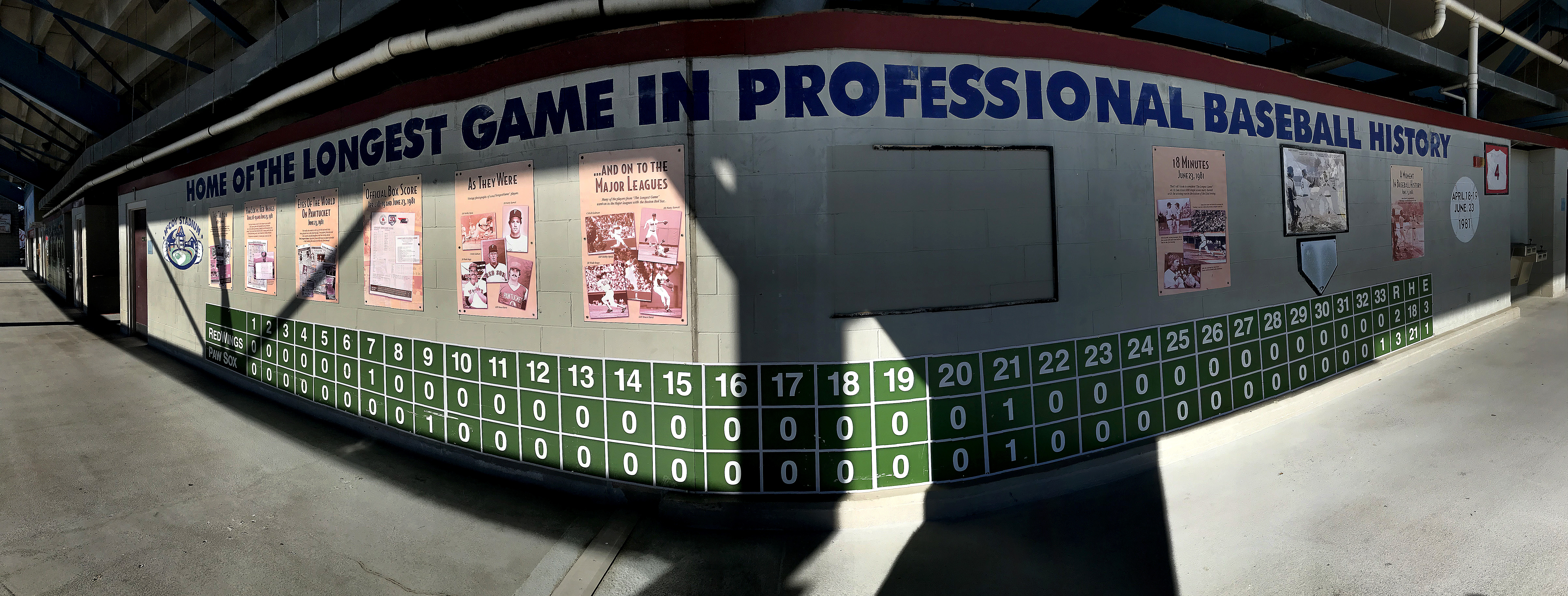 An iPhone panorama photo of a wall mural at McCoy Stadium commemorating the longest game in baseball history -- a 1981 contest between the Pawtucket Red Sox and Rochester Red Wings that lasted 33 innings.