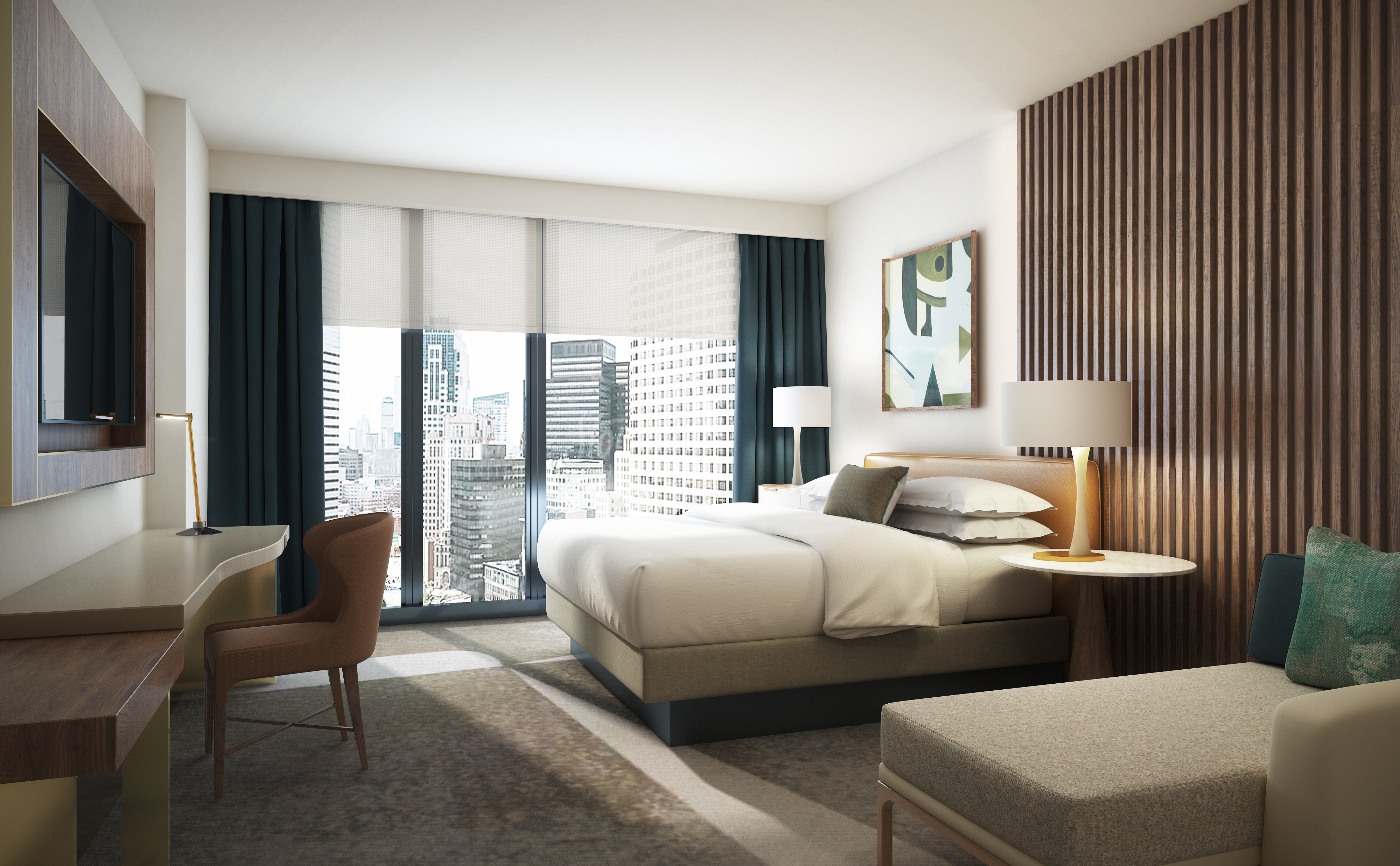 A rendering of a guest room in the west tower of the Omni Boston Hotel at the Seaport.