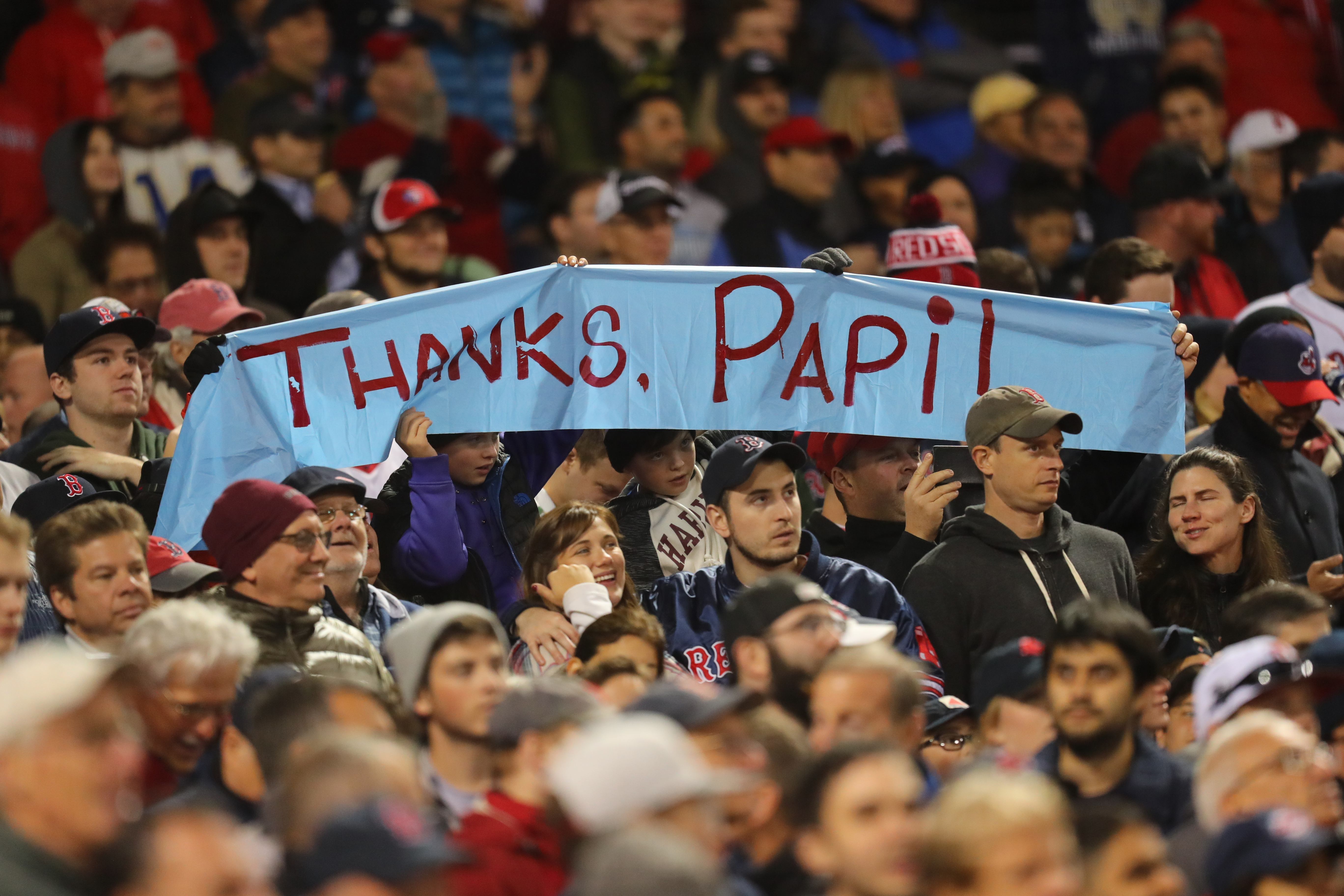 A fan offers their thanks to Ortiz during Game 3 of the ALDS on Oct. 10, 2016. It was Ortiz's final game.