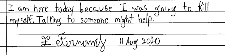 A note that Sergeant Elder Fernandes wrote while he was in a hospital psychiatric ward.
