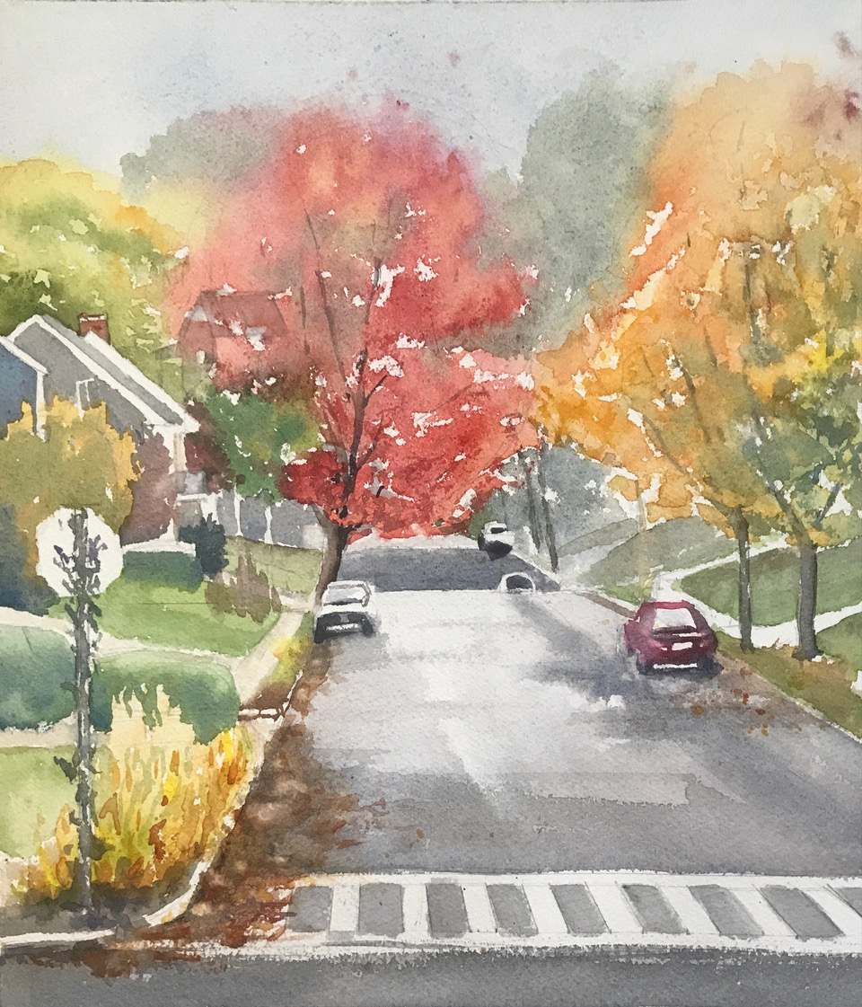 Watercolourist Katie Cornog captured the beauty of autumn on a street in suburban Medford.
