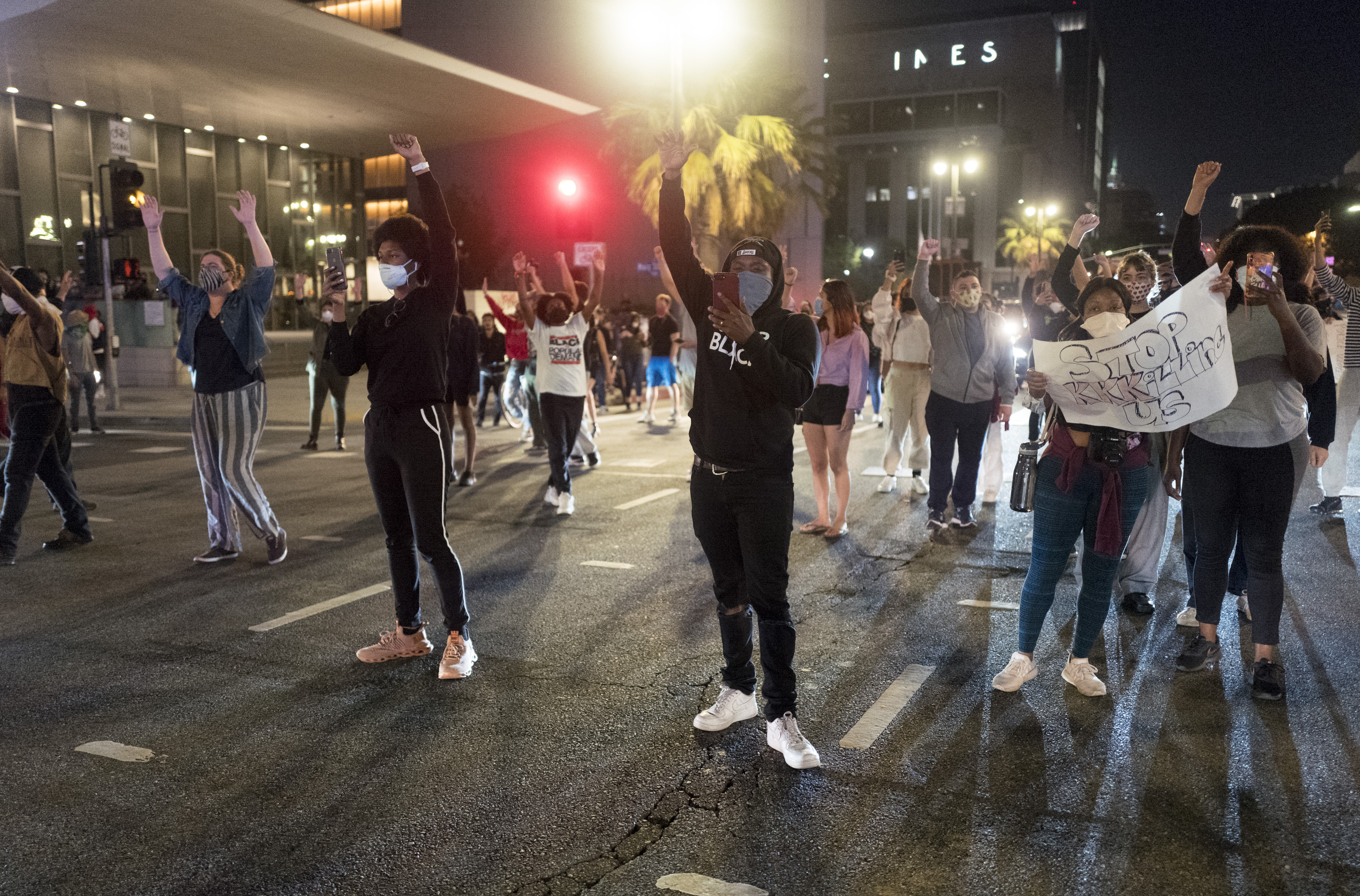 Demonstrators in downtown Los Angeles blocked roads during a protest.