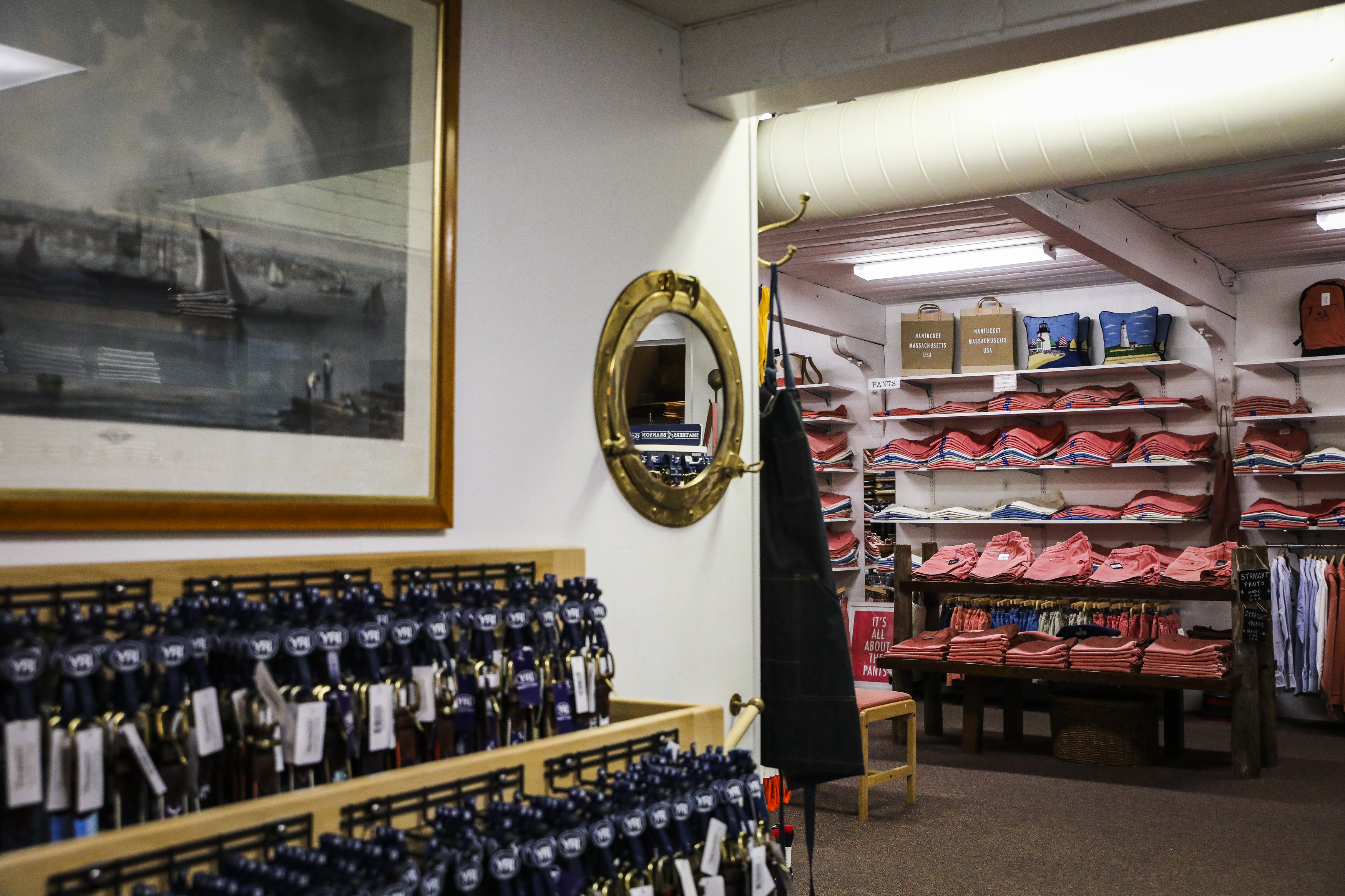Nantucket Reds are displayed in Murray's Toggery Shop in downtown Nantucket on Wednesday. President Biden, who will soon be visiting Nantucket for Thanksgiving, famously makes a pitstop at the boutique during his stay. 