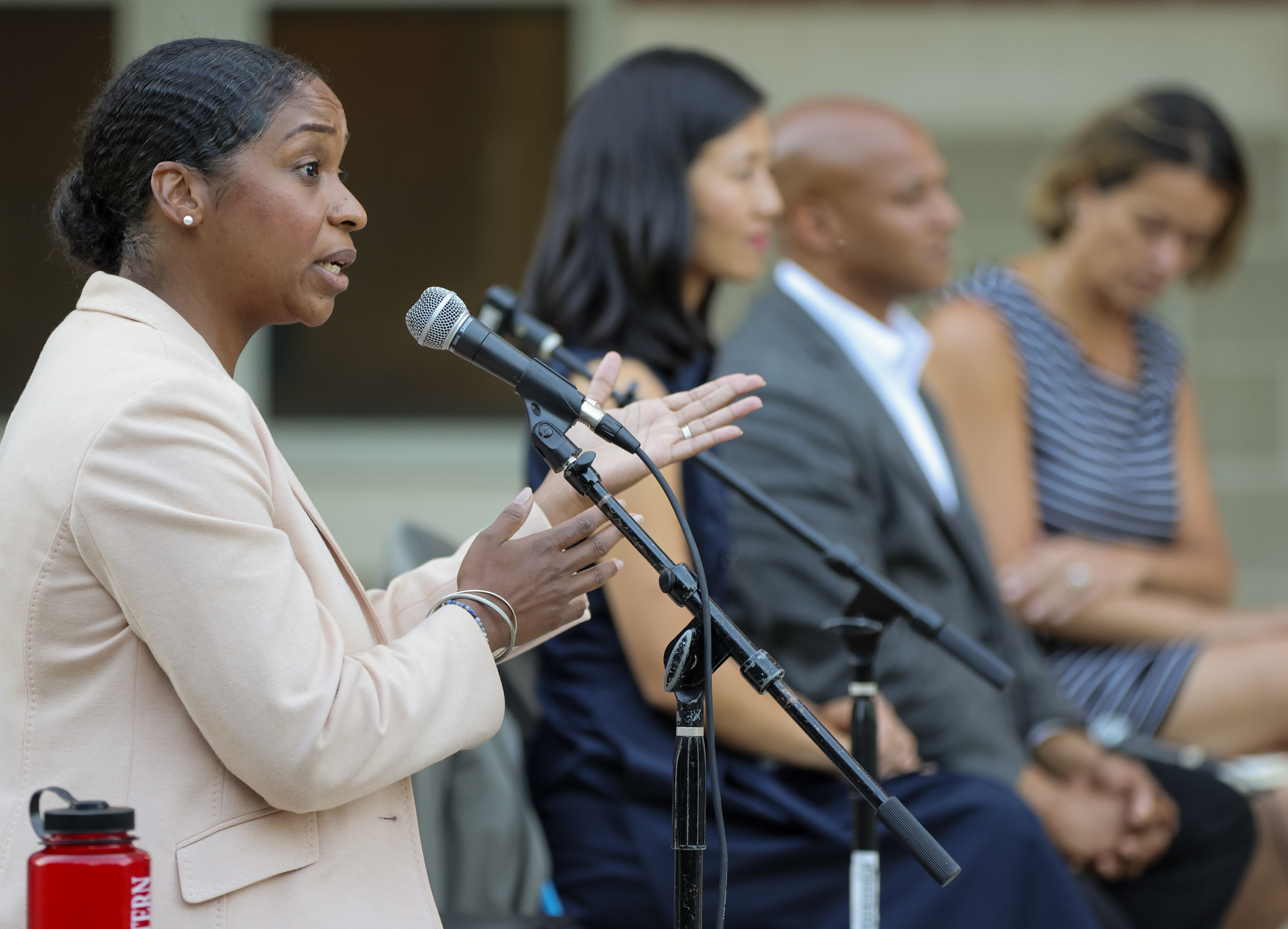Andrea Campbell spoke during the a town hall forum for candidates running for mayor of Boston outside the Mildred Avenue K-8 School.