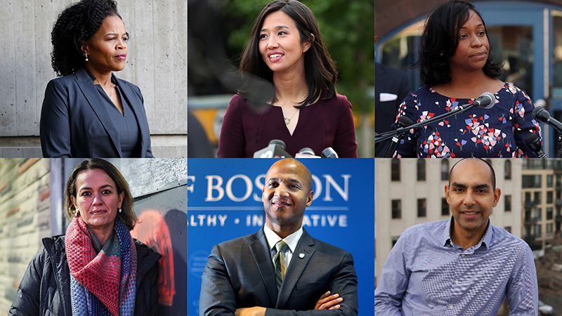 Boston's mayoral candidates, from left, Kim Janey, Michelle Wu, Andrea Campbell, Annissa Essaibi George, John Barros, and Jon Santiago.