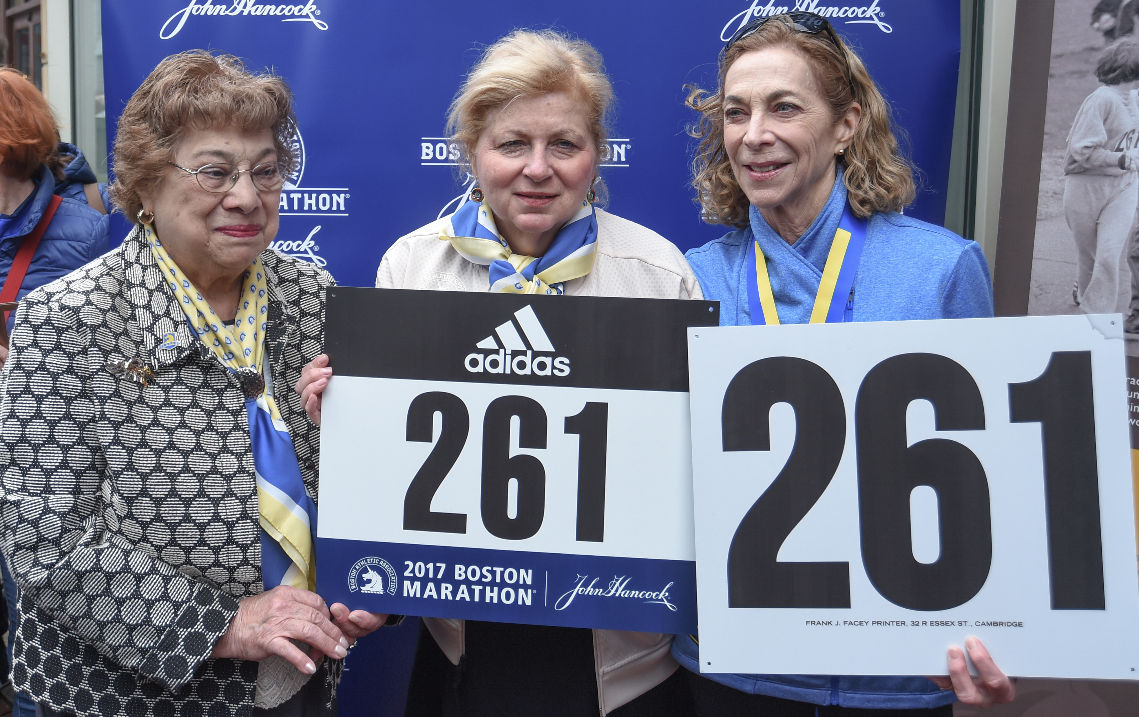 Gloria Ratti (left) joined the BAA's Joan Flaminio (center) and Kathrine Switzer, the first woman to officially run the Boston Marathon, at a ceremony to retire Switzer's famous bib number.