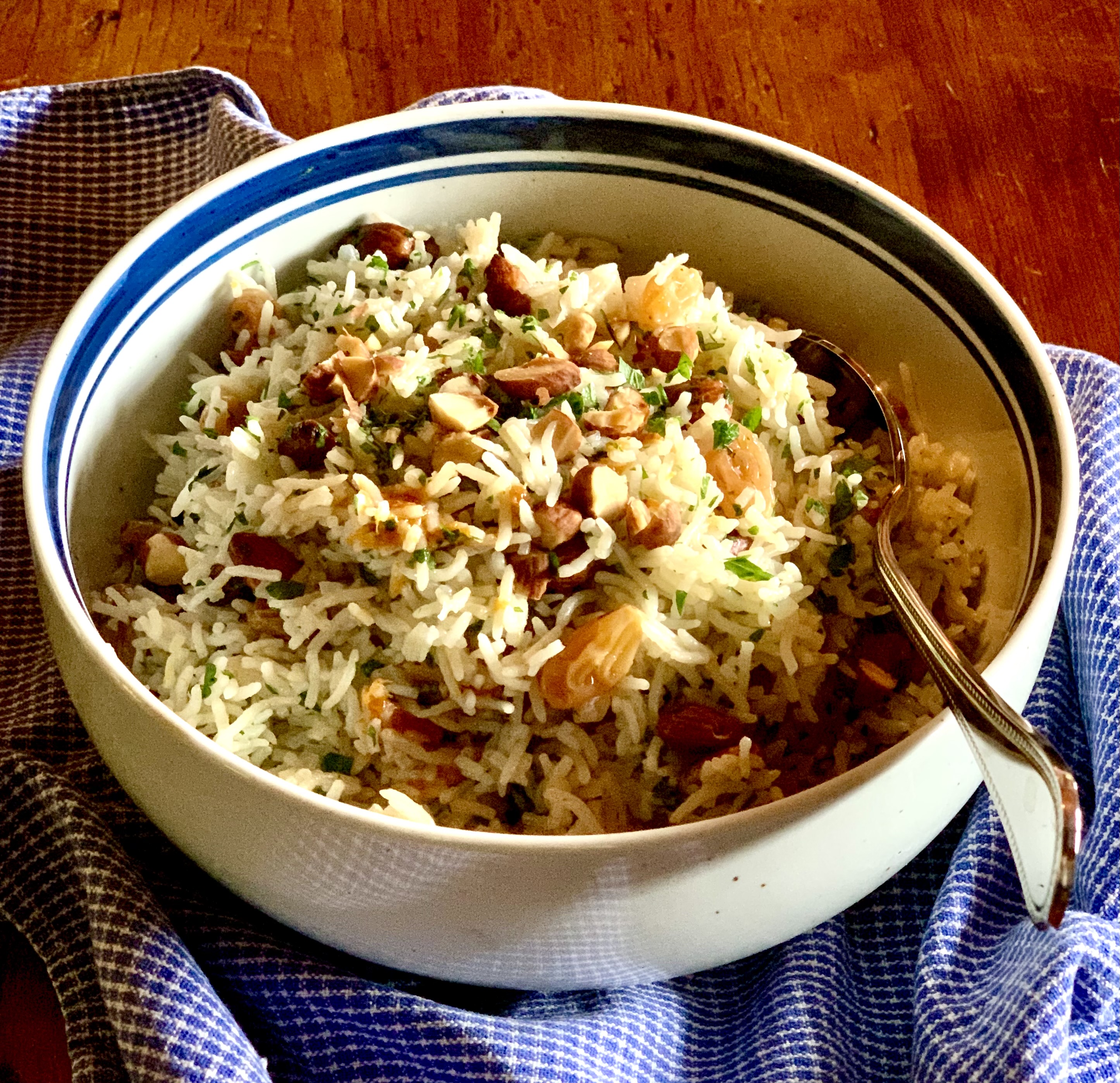 Rice Pilaf with Raisins, Apricots, and Almonds.