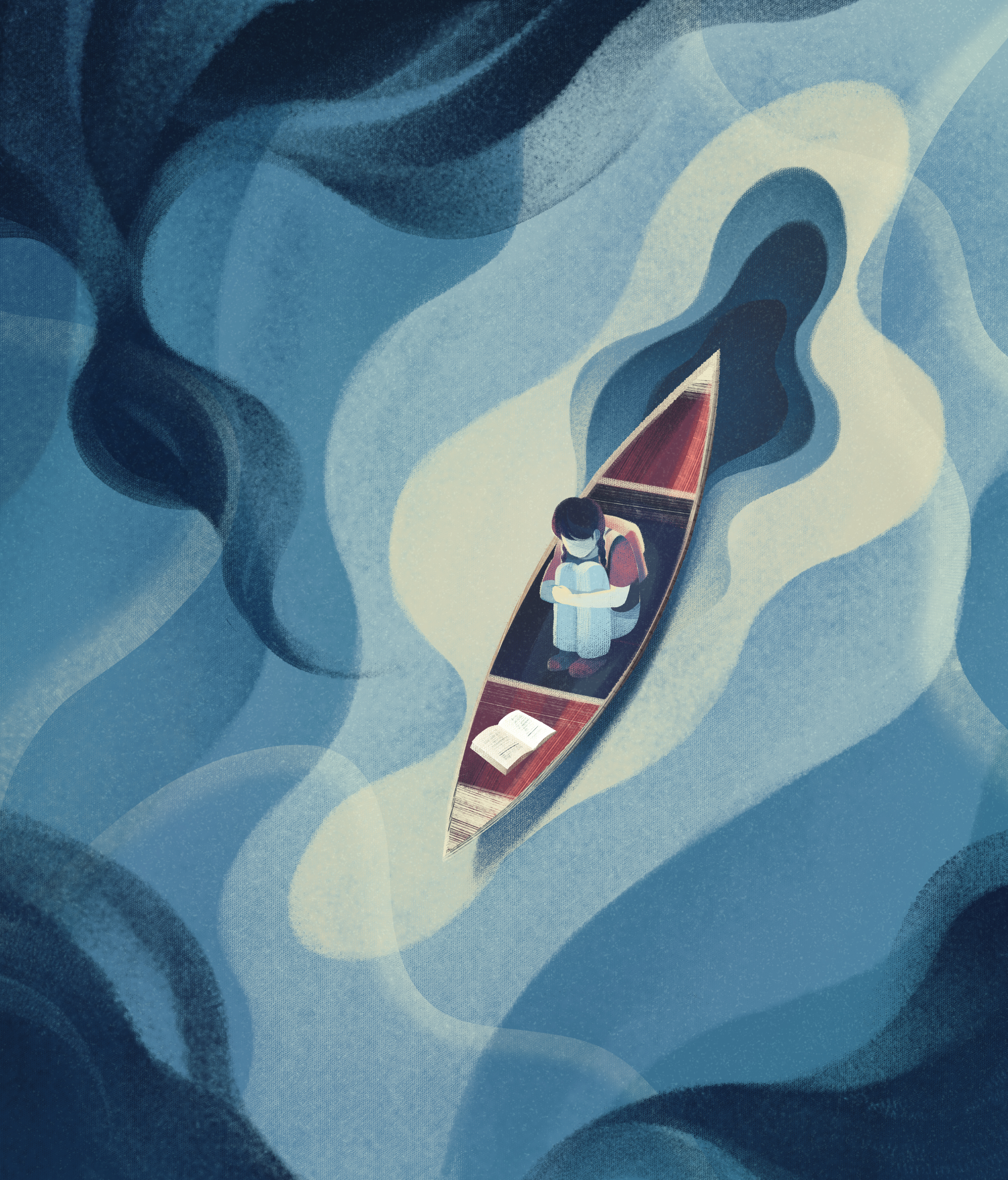Illustration looking down onto a canoe with a kid sitting in it looking scared and clutching their knees. It looks to be dark and stormy out.