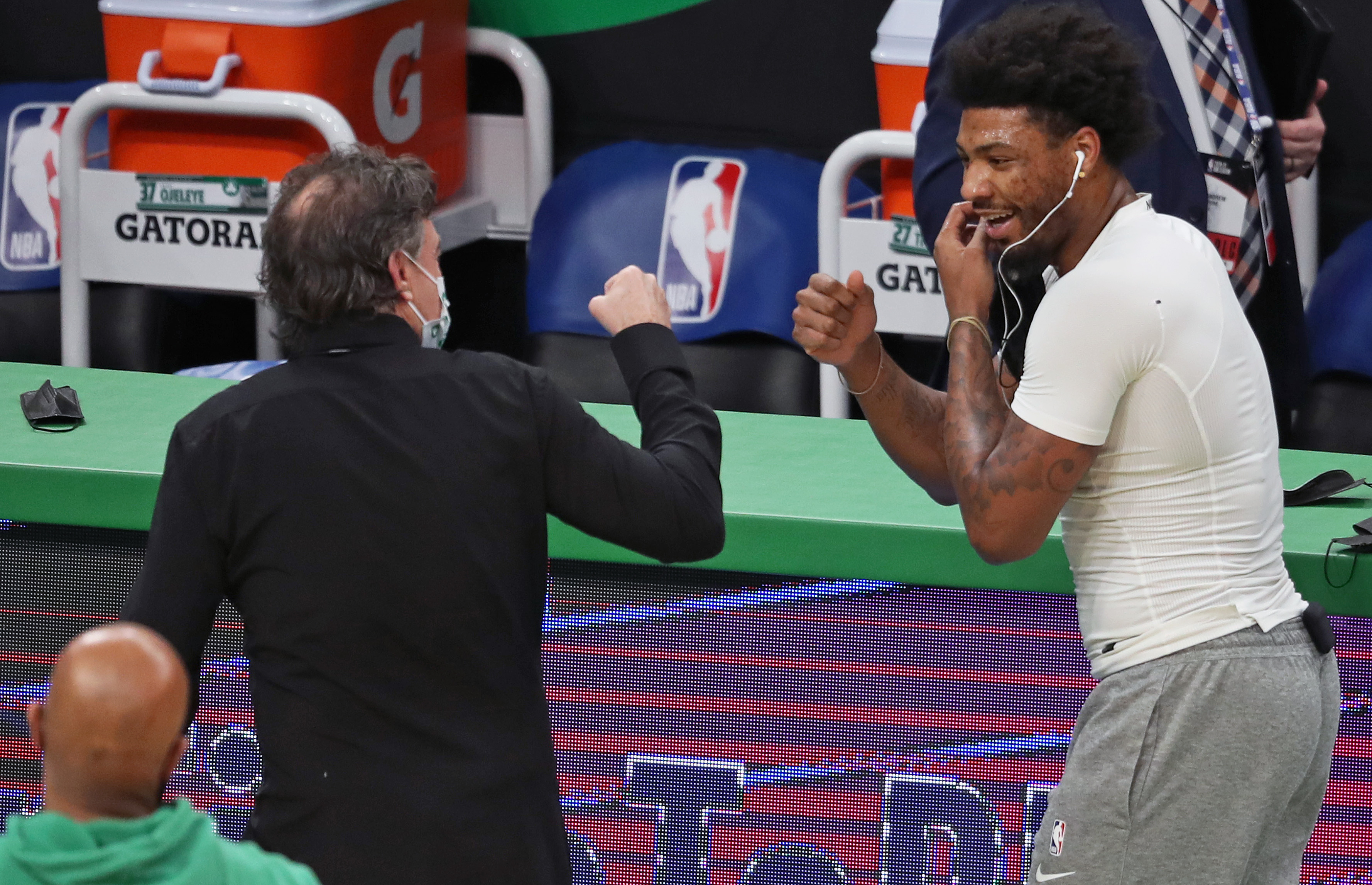 Marcus Smart was on the floor working on his rehab before the start of Tuesday's game when team owner Wyc Grousbeck walked by to greet him.