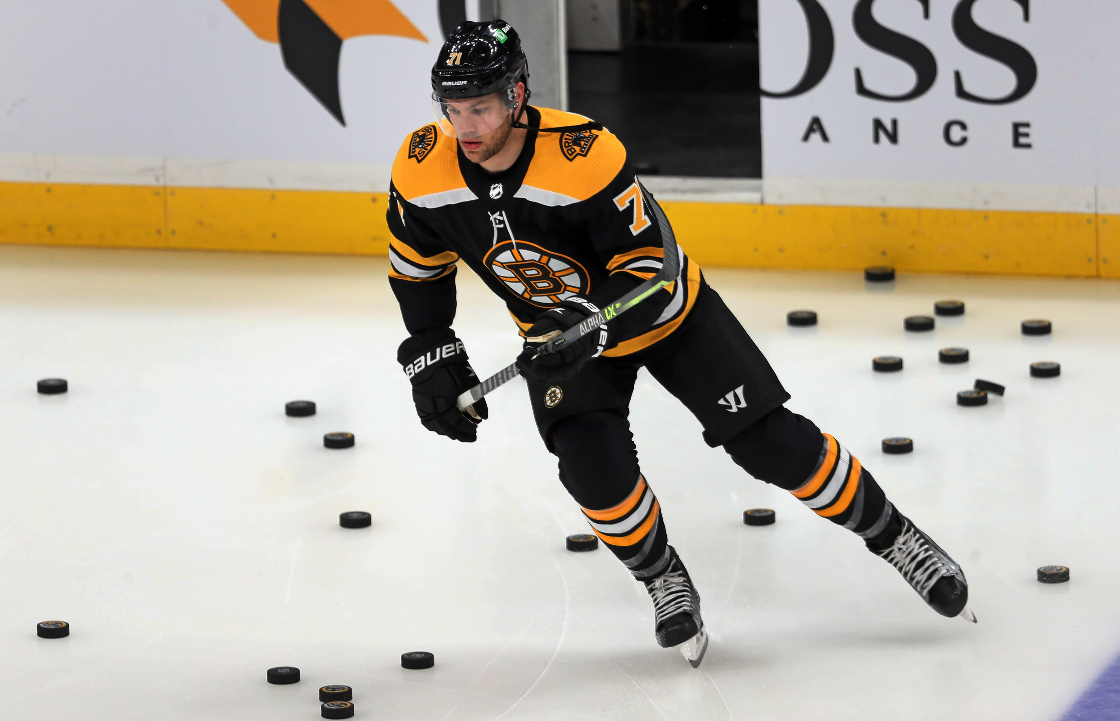 Taylor Hall takes the ice for pregame warmups Tuesday at TD Garden.