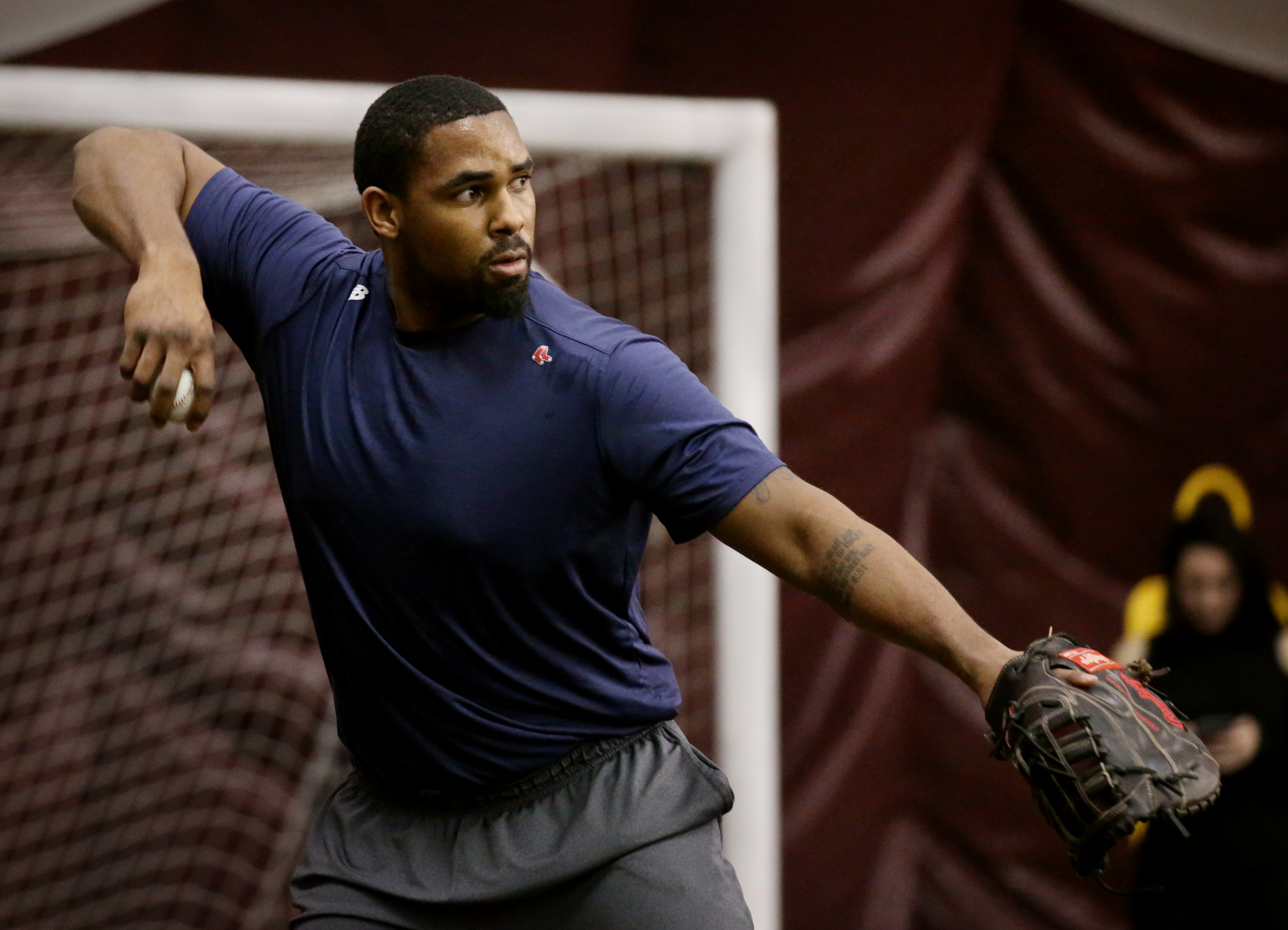 Josh Ockimey works out during the Red Sox rookie development program at Boston College in 2018.