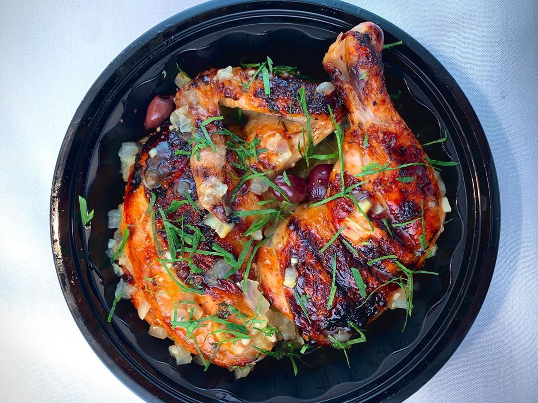 The chicken piccata at Pammy's in Cambridge: a half-chicken, slathered in a limoncello glaze, then charred on the grill. Served with buttery noodles and a vegetable side dish.