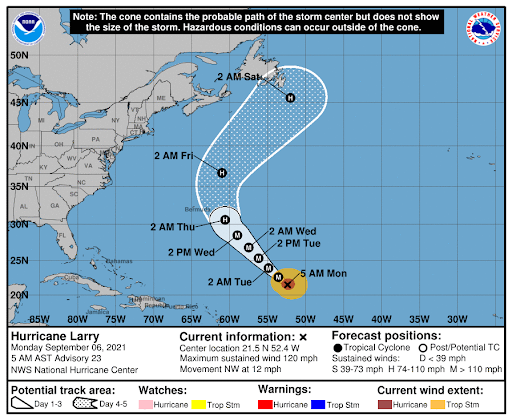 Hurricane Larry is forecast to turn east of Bermuda late this week.