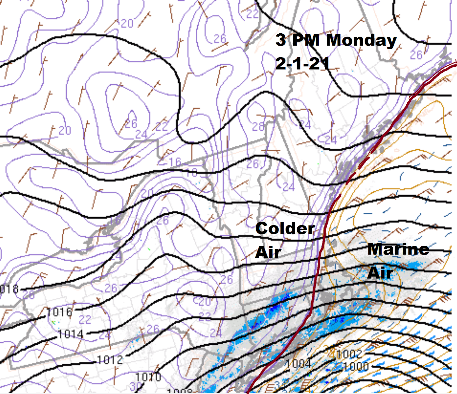 Milder ocean air is keeping the snow from reaching the immediate coastline Monday afternoon.