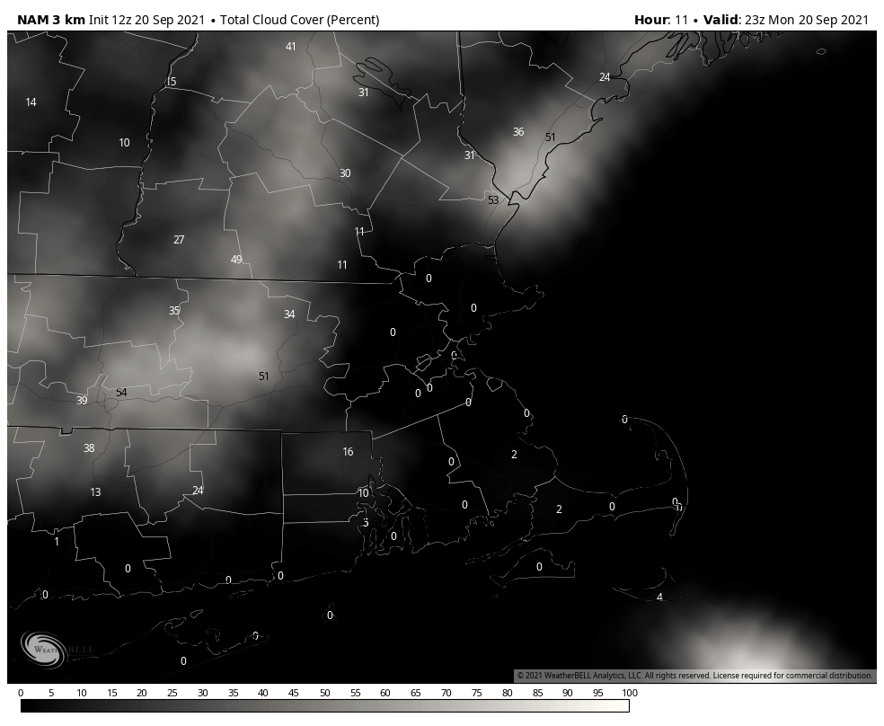 The percentage of cloud cover is expected to be near zero by twilight on Monday.