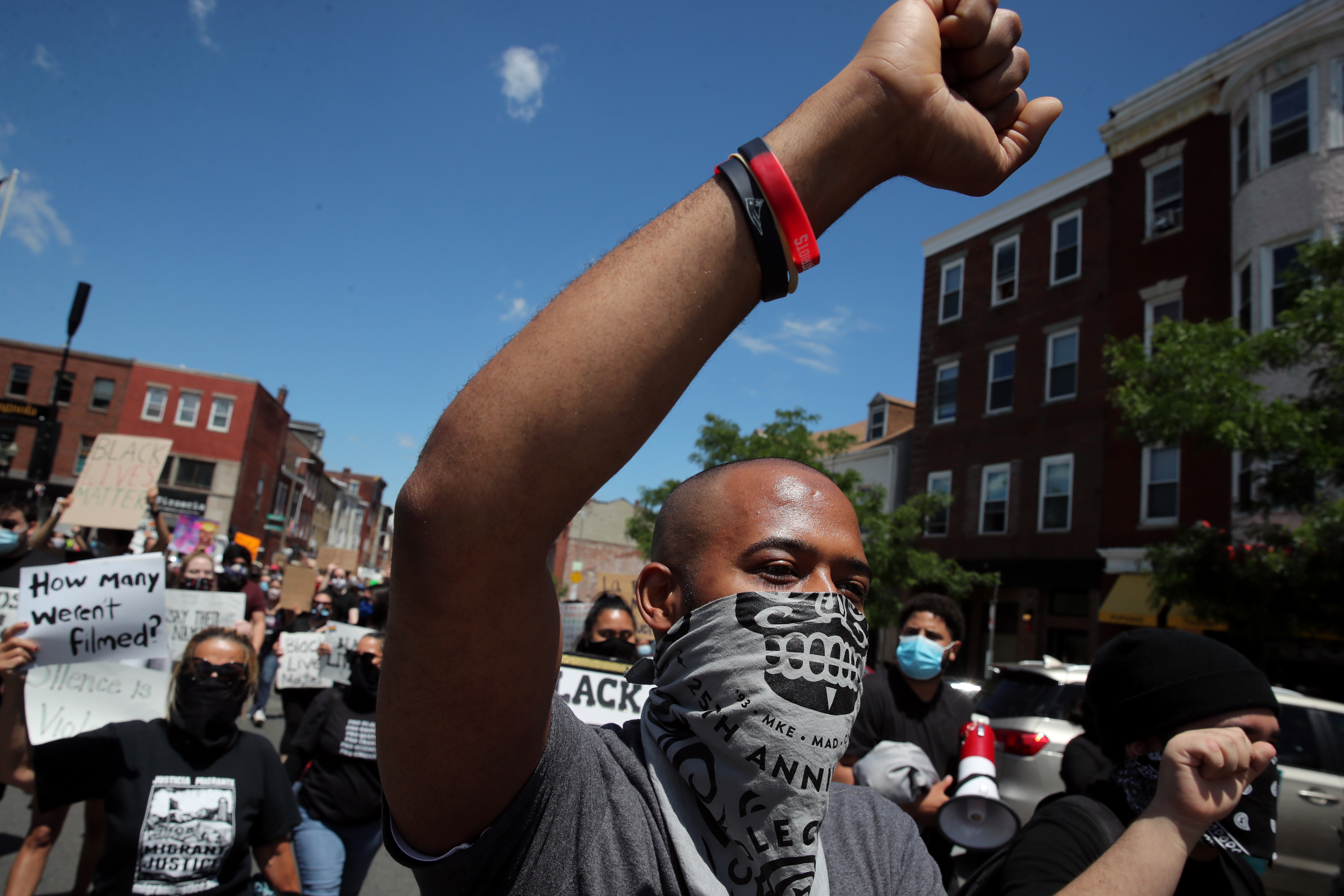 Yahya Noor marched with the crowd during the protest in East Boston. 
