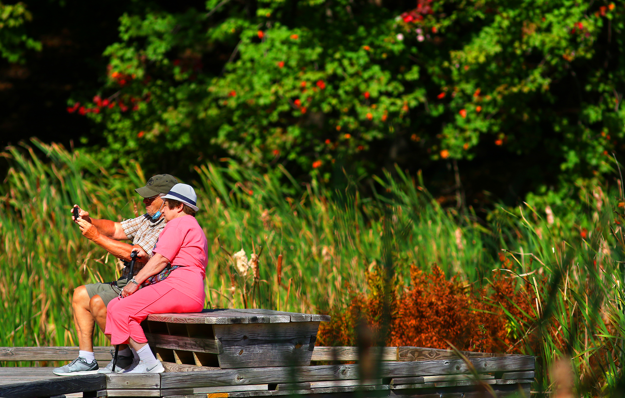 Fran and Walter Fugazzotto take a selfie on the boardwalk beside the Charles River at the Broadmoor Wildlife Sanctuary in Natick.