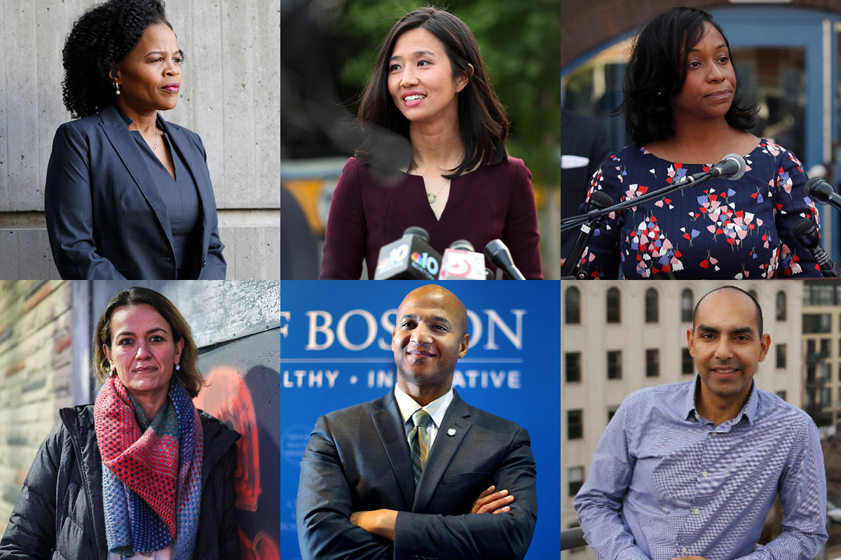 The Boston candidates for mayor. Clockwise from top left: Kim Janey, Michelle Wu, Andrea Campbell, Jon Santiago, John Barros, and Annissa Essaibi-George
.