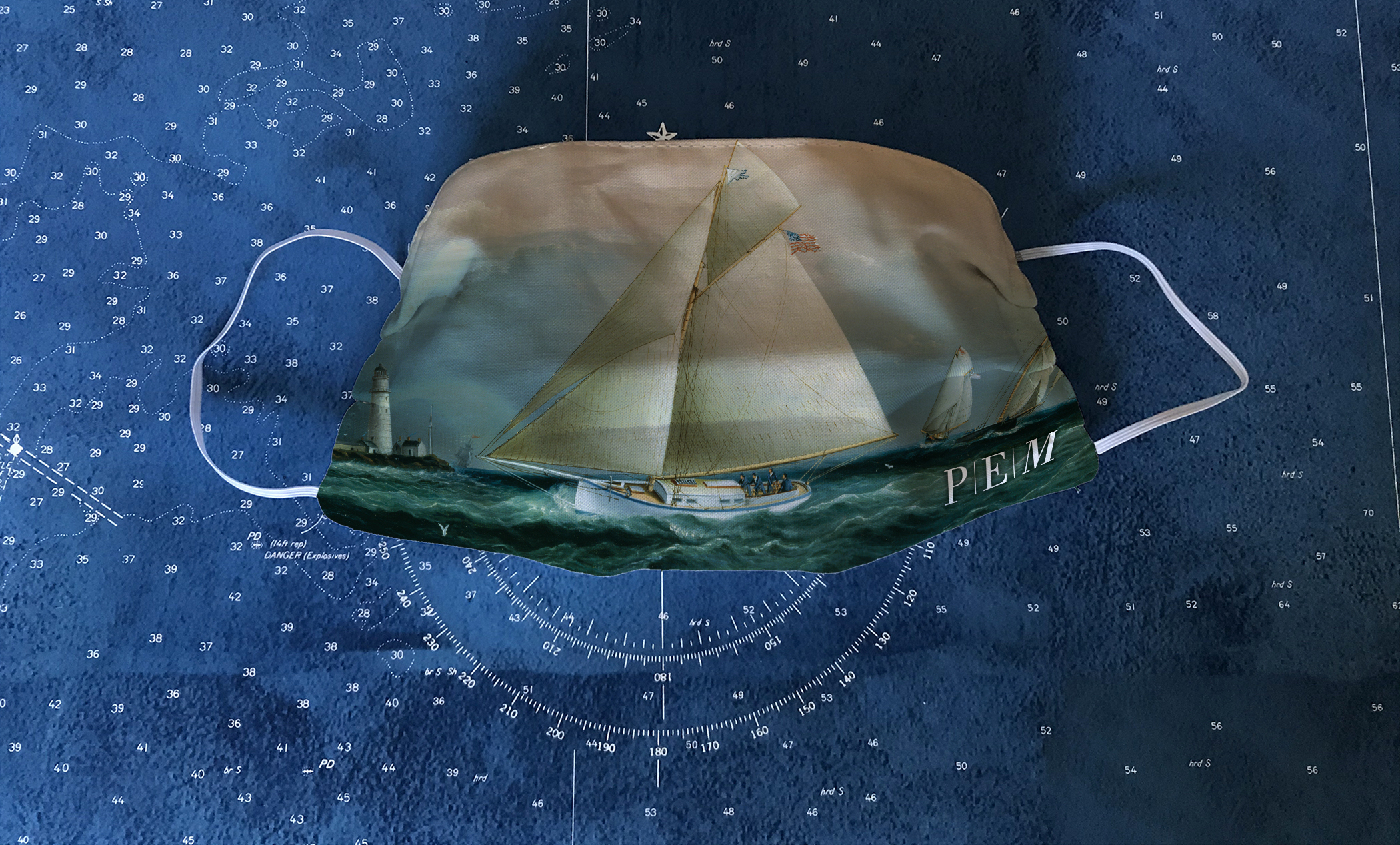 The "Yacht Race in Boston Harbor" mask borrows its imagery from a painting by James Edward Buttersworth.