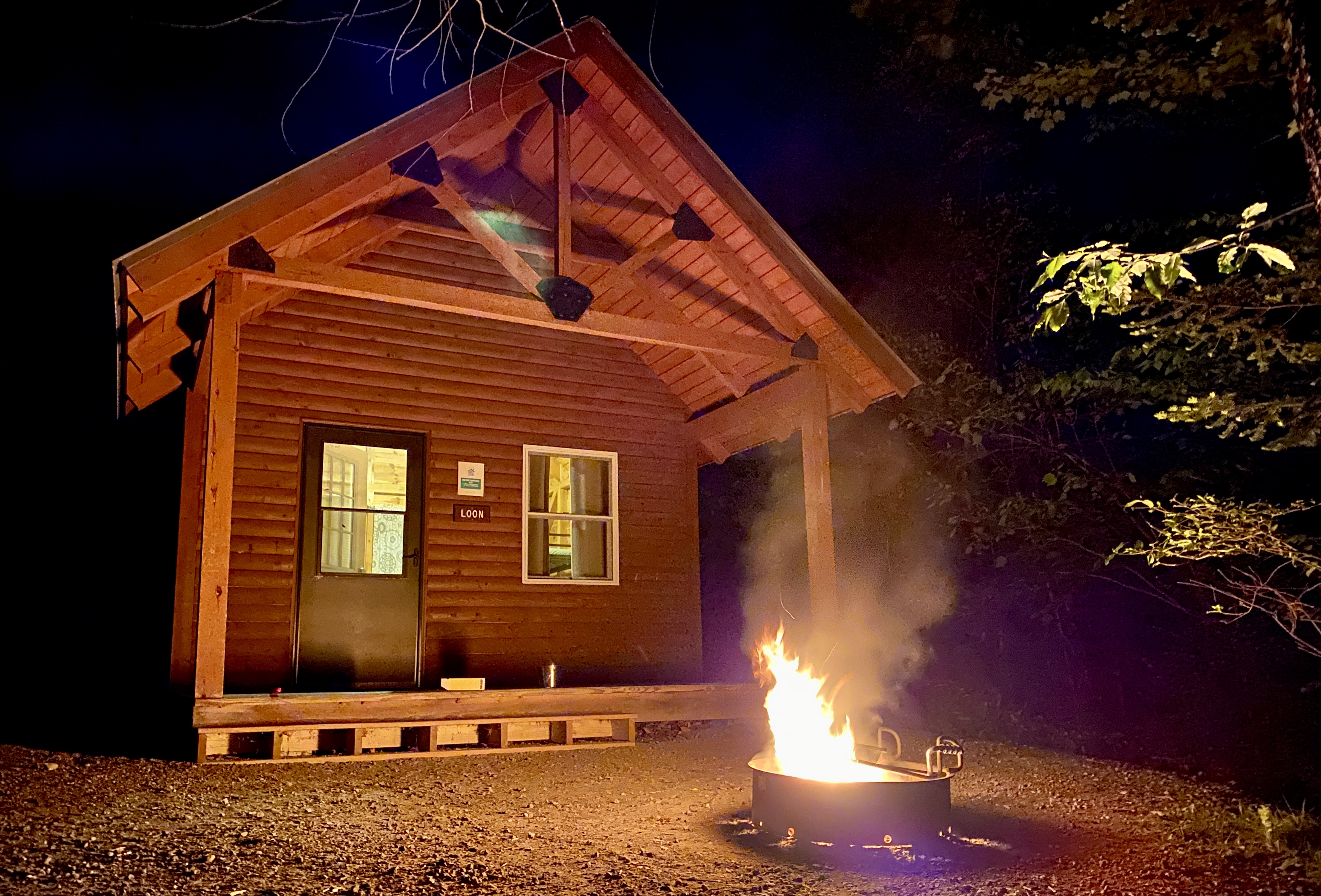 Loon cabin at night at Brighton State Park in Vermont.
