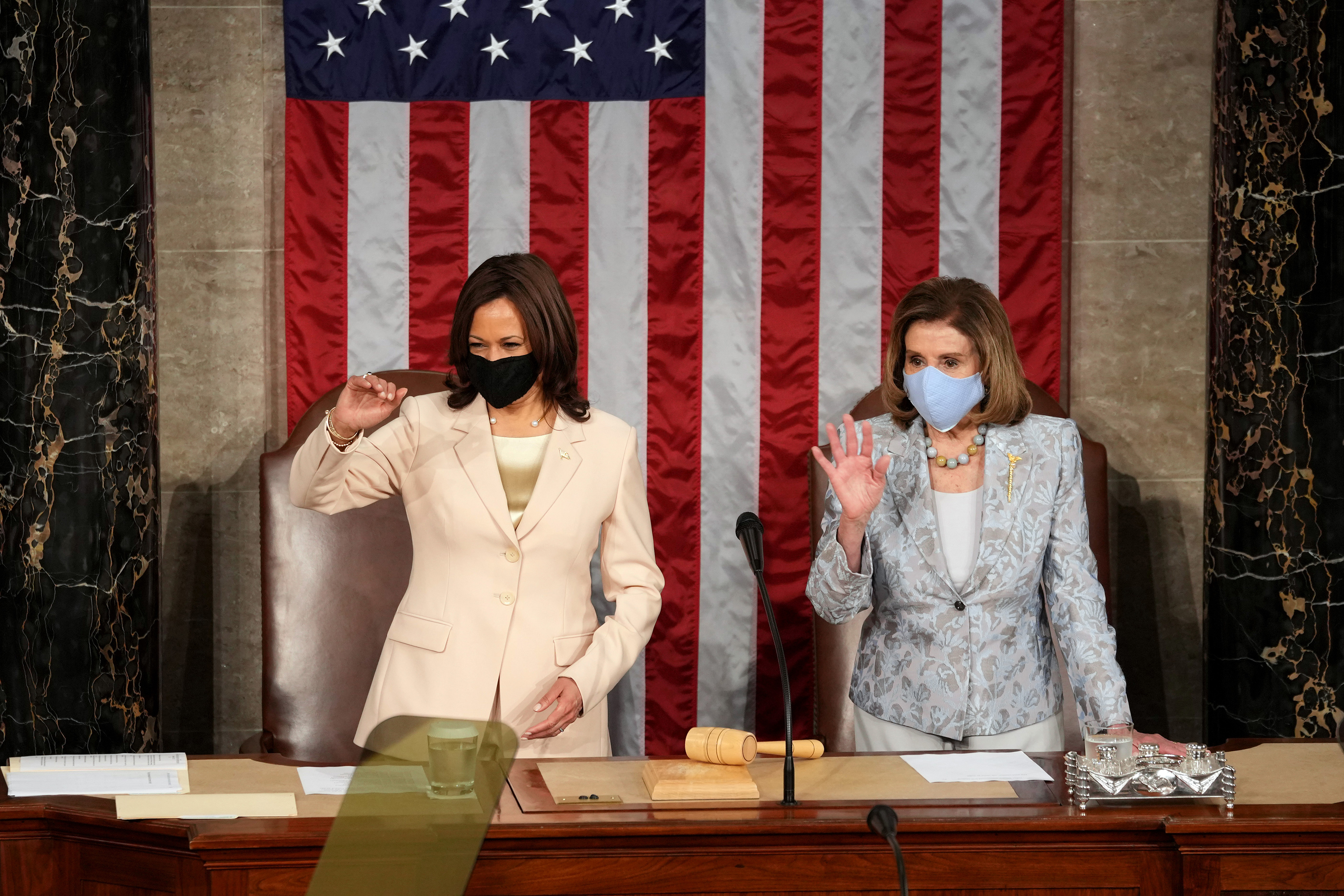 Vice President Kamala Harrisl (left) and Speaker of the House Nancy Pelosi before President Joe Biden's address to a joint session of Congress at the Capitol.