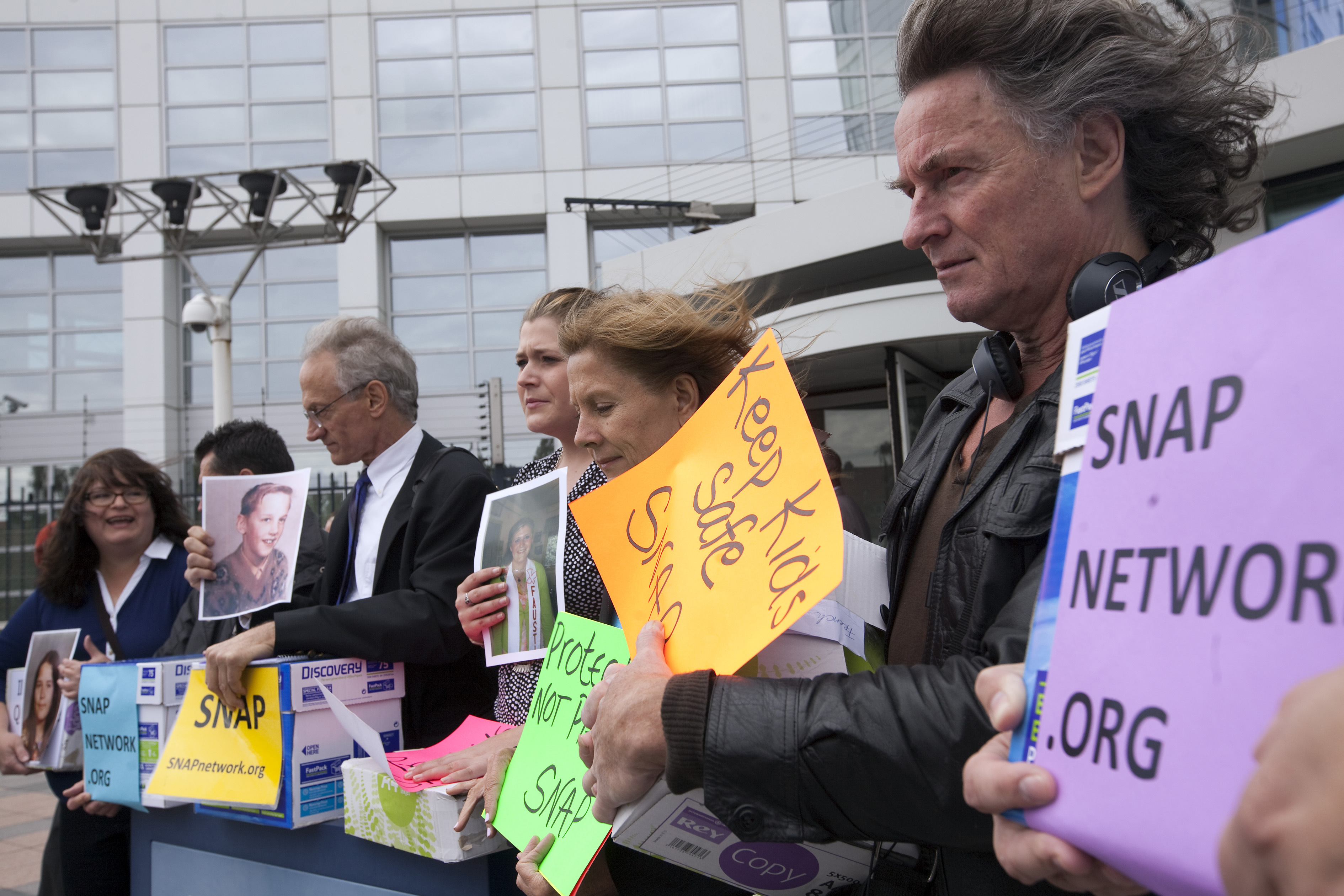 Mr. Saviano (third from left) joined members of the Survivors Network of those Abused by Priests (SNAP) in front of the International Criminal Court in The Hague, Netherlands, in 2011. The group was protesting that no high-ranking Roman Catholic leaders had been prosecuted for sheltering guilty priests.
