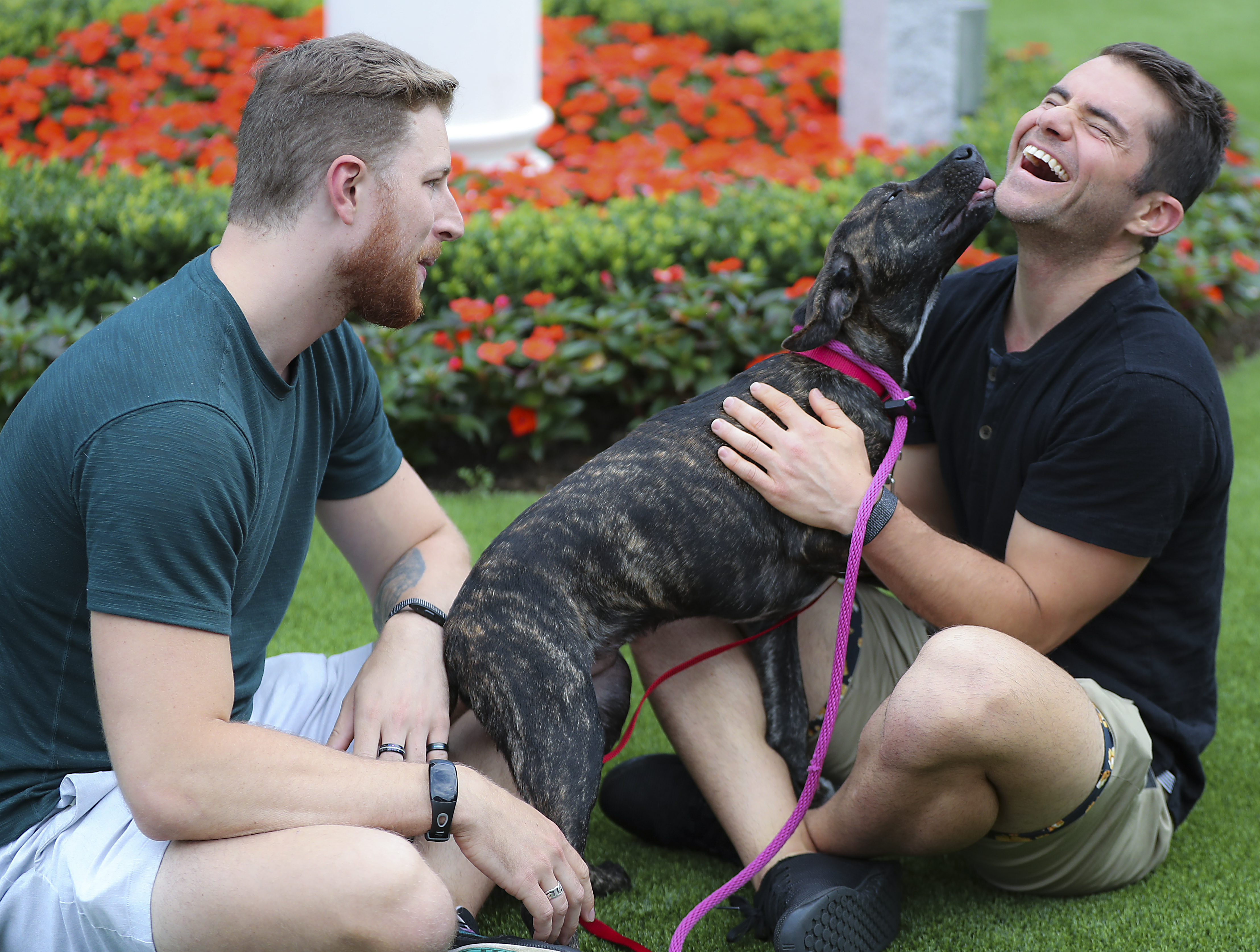 Robert Jackson, left, and his partner, David Marshall, of Boston, with their newest adopted dog, Tong, during the Last Hope K9 Rescue pet adoption event.