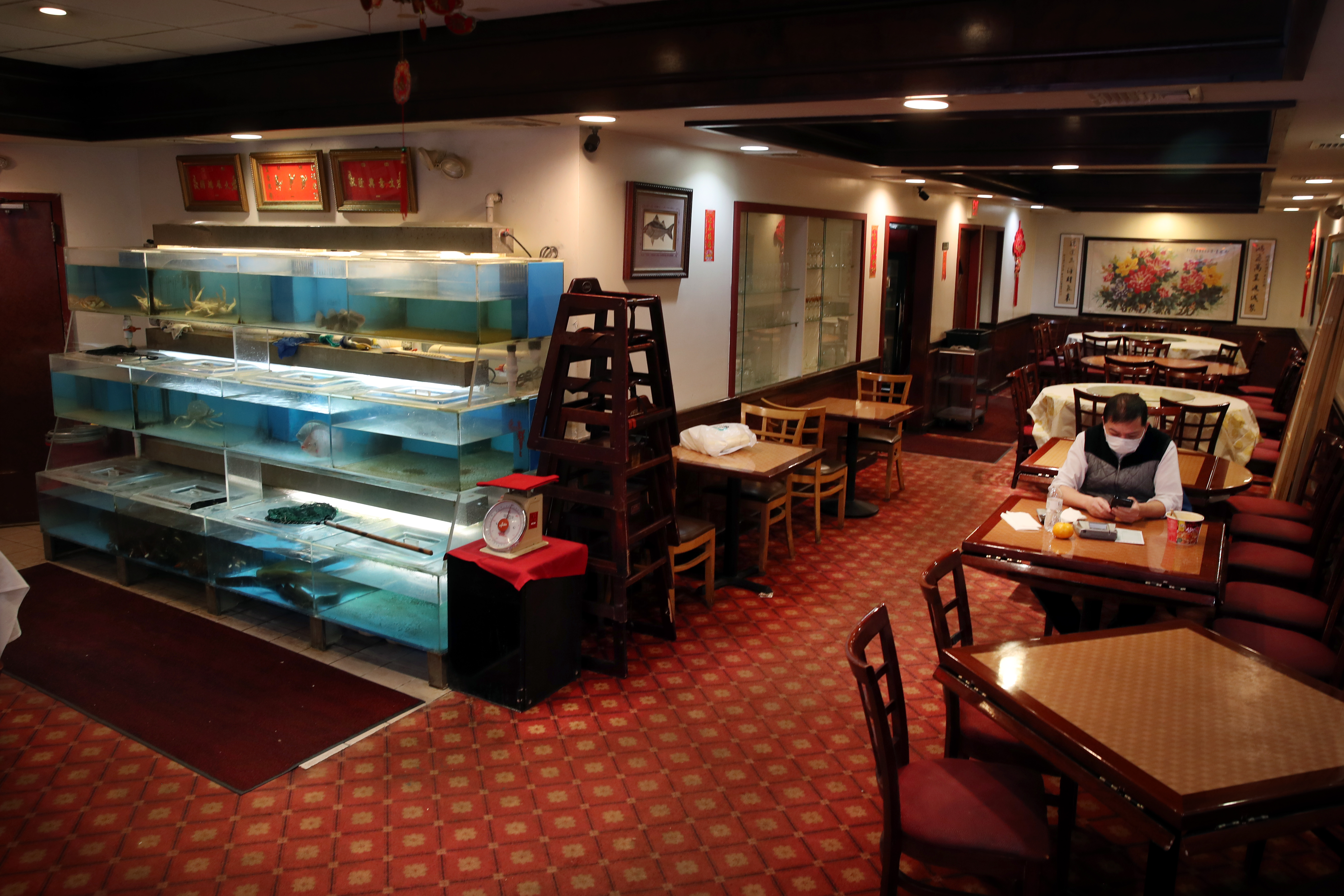 Wei Song Lin works by the near-empty tanks at New Jumbo Seafood Restaurant in Chinatown.
