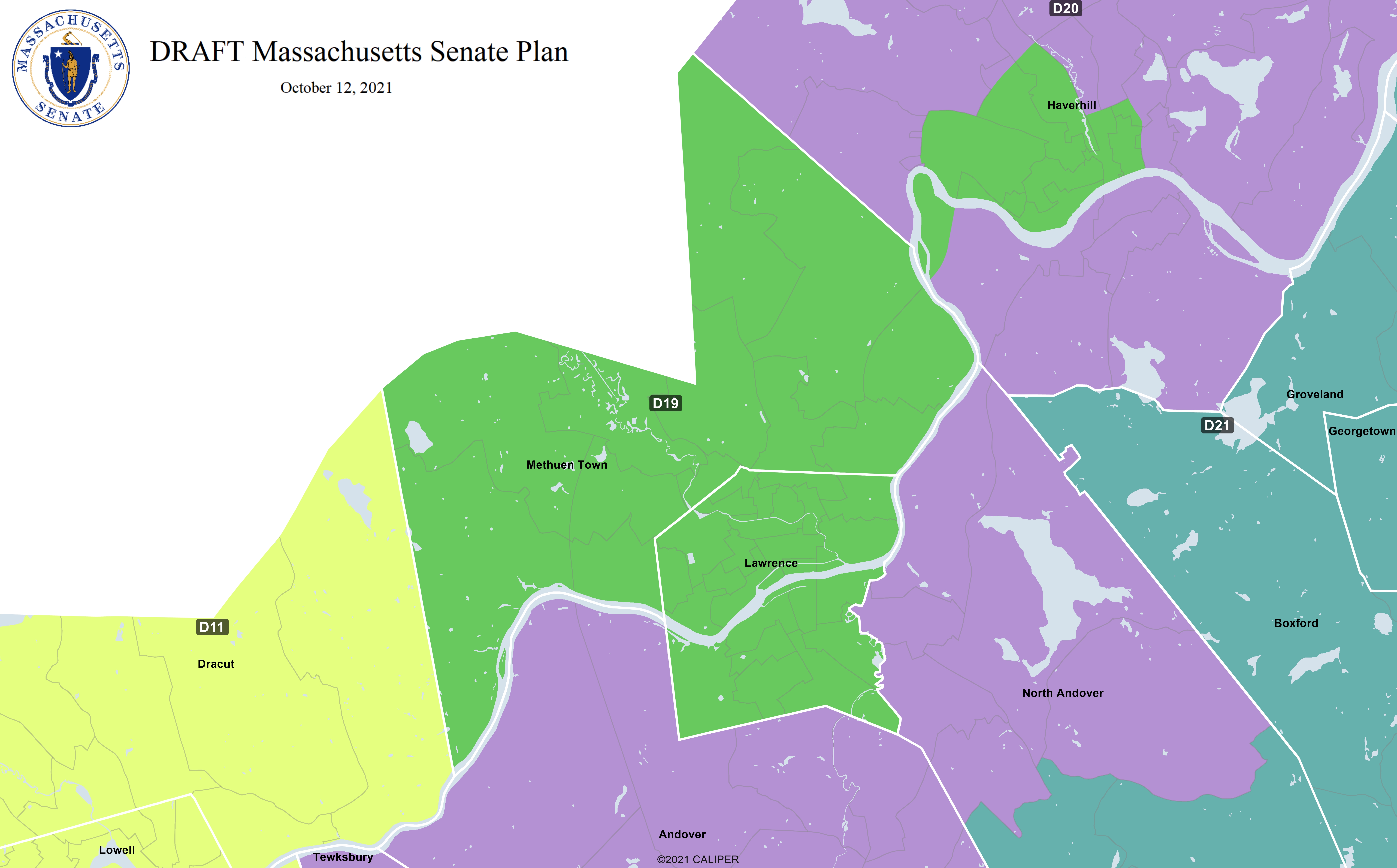 Proposed Massachusetts Senate redistricting map, showing the Lawrence area.
