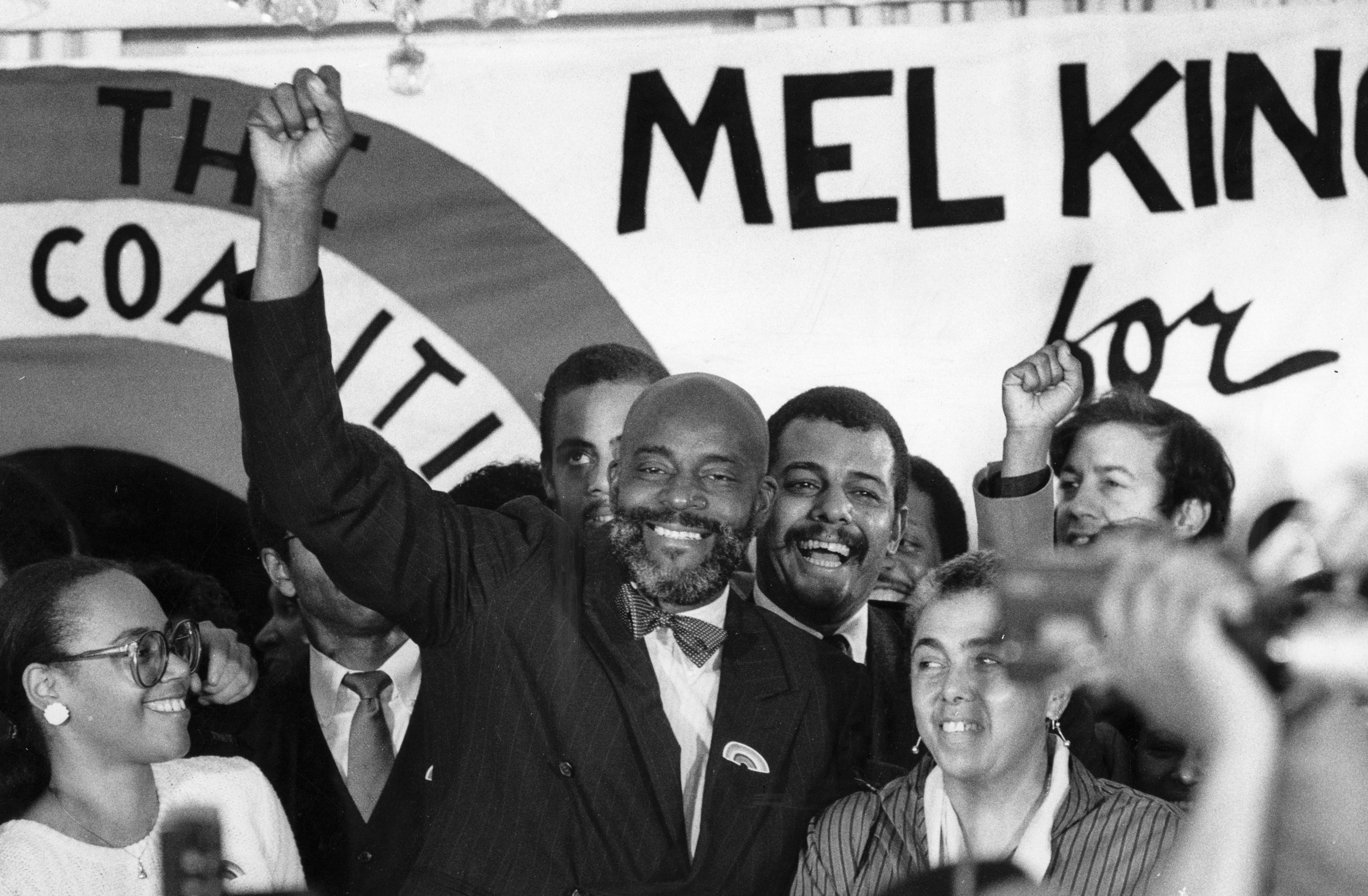 Melvin "Mel" H. King celebrated at the Parker House in Boston on Oct. 11, 1983, after finding out he had made it into the final round of elections for Boston mayor. King ultimately lost to Raymond Flynn.