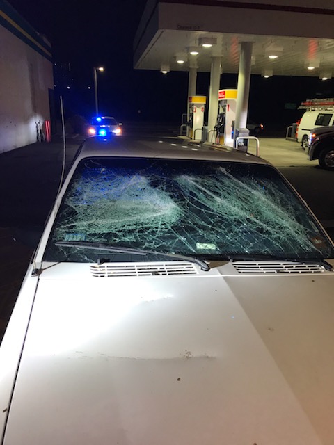 Photos shared by state police show that the windshield of the man's car broke after he was attacked by a group of off-road motorcyclists last week.