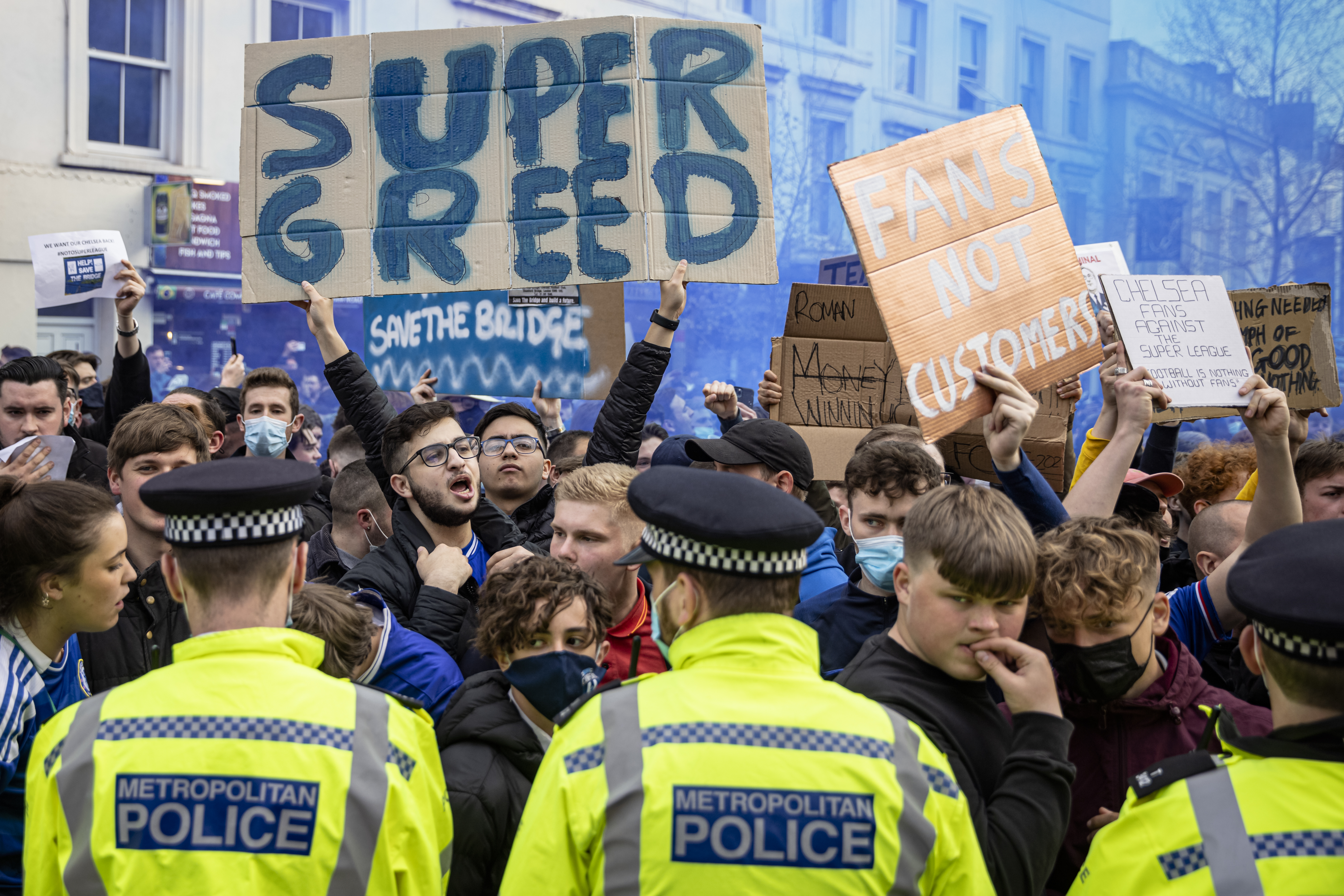 Chelsea fans gathered outside Stamford Bridge on Tuesday to protest the club's decision to break away and form a European Super League.
