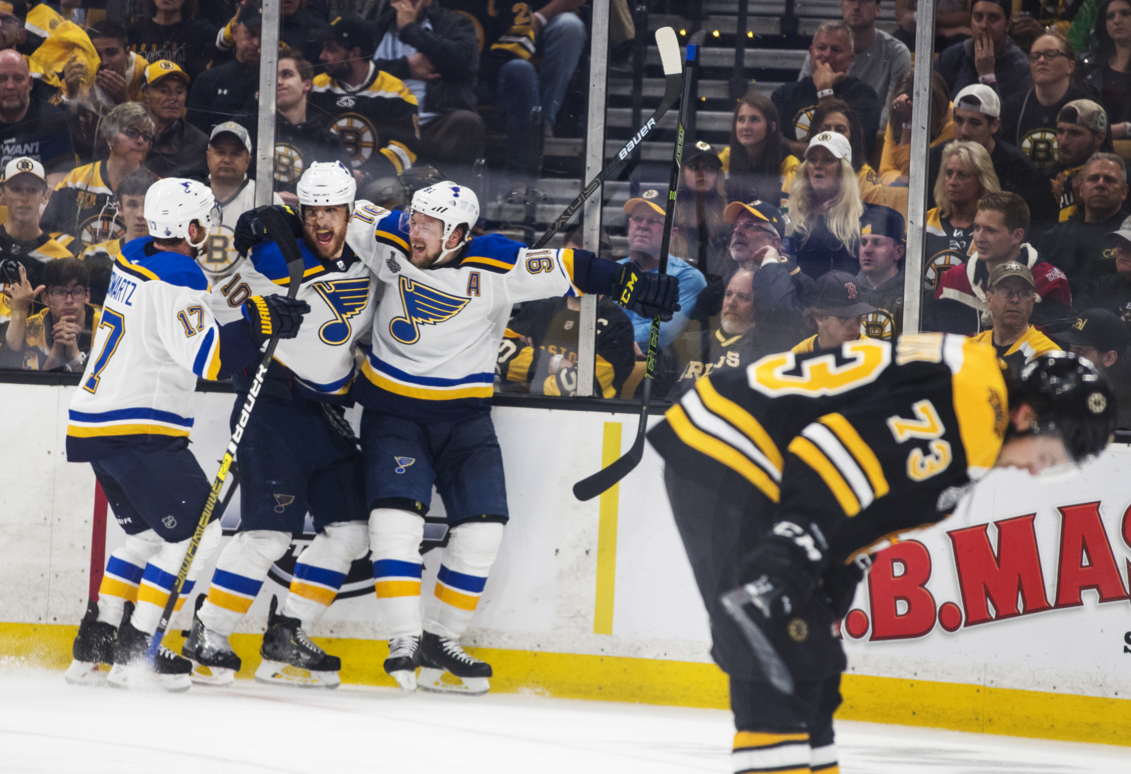 The Blues celebrated their third goal in Game 7 of the Stanley Cup Final at TD Garden. St. Louis would win the game, 4-1, to beat the Bruins 4-3 in the series and collect their first Stanley Cup title.