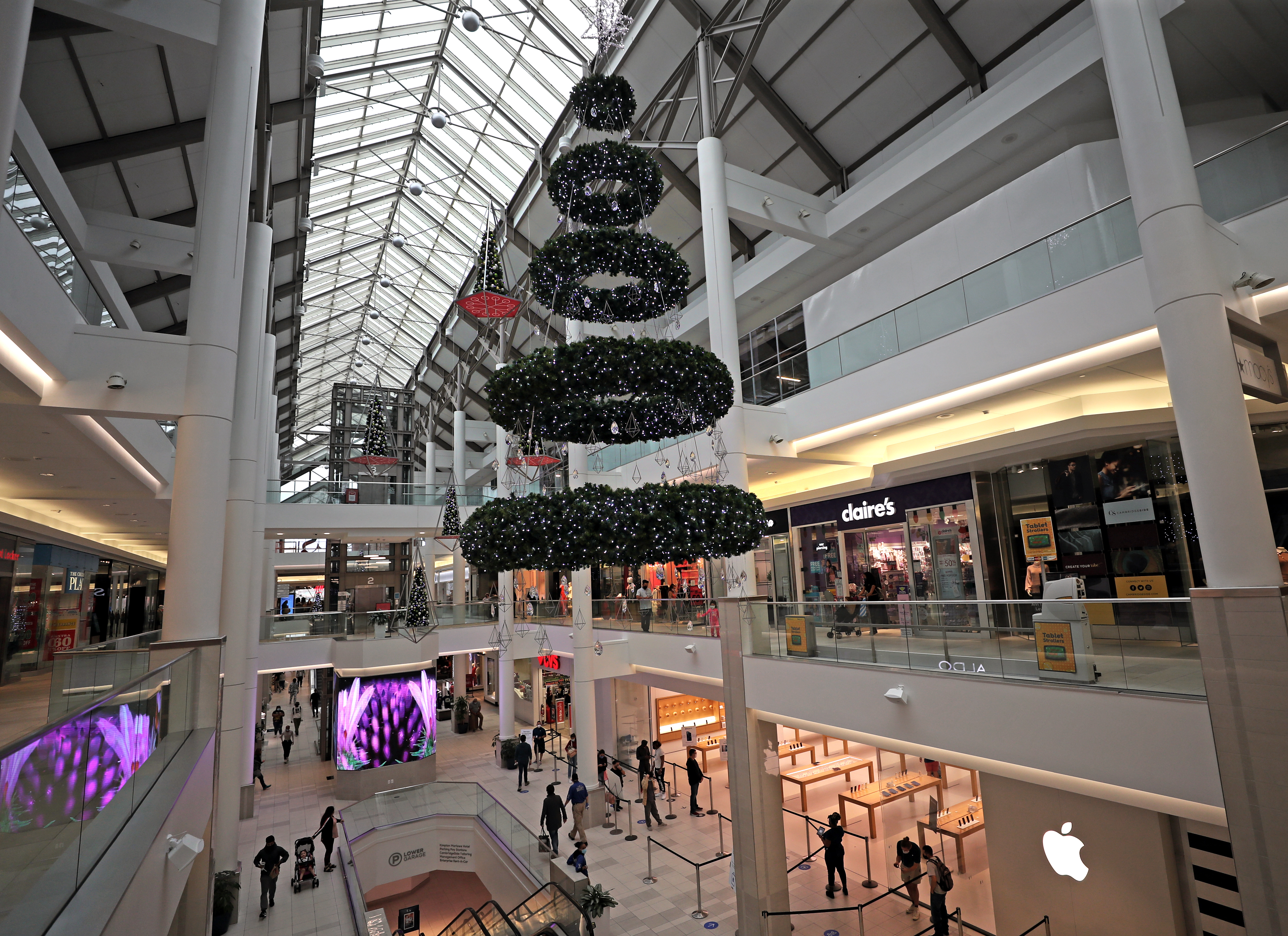 Holiday decorations are up at CambridgeSide shopping center in Cambridge.