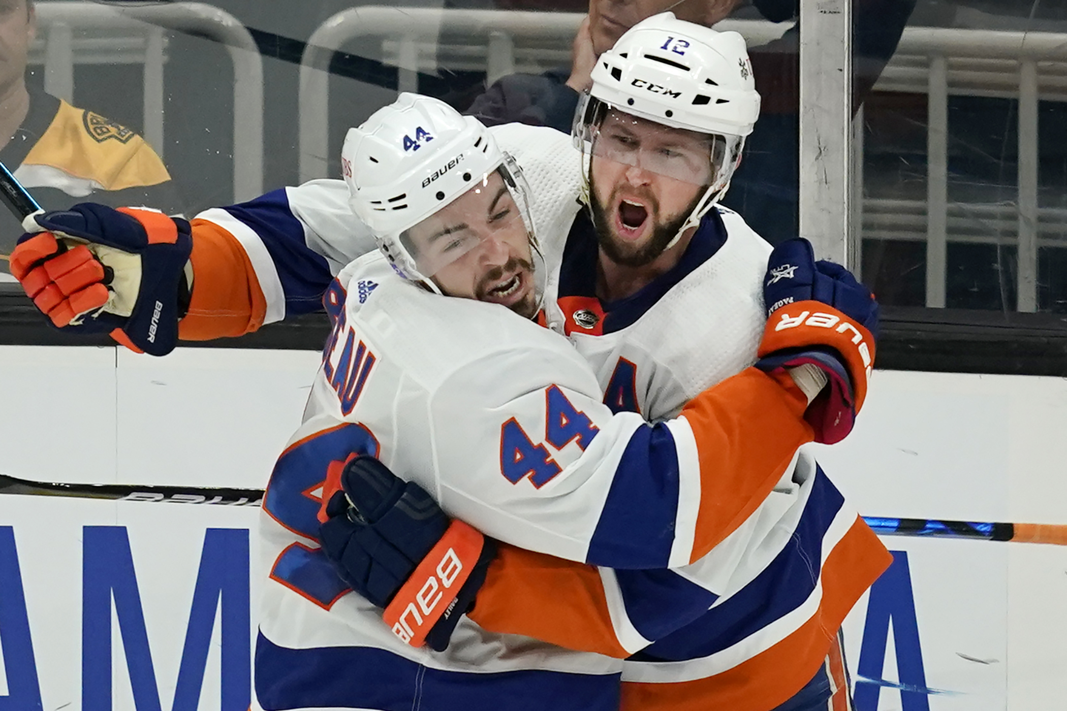 New York's Josh Bailey, right, celebrates his second-period goal Monday against the Bruins, a key tally for the Islanders.