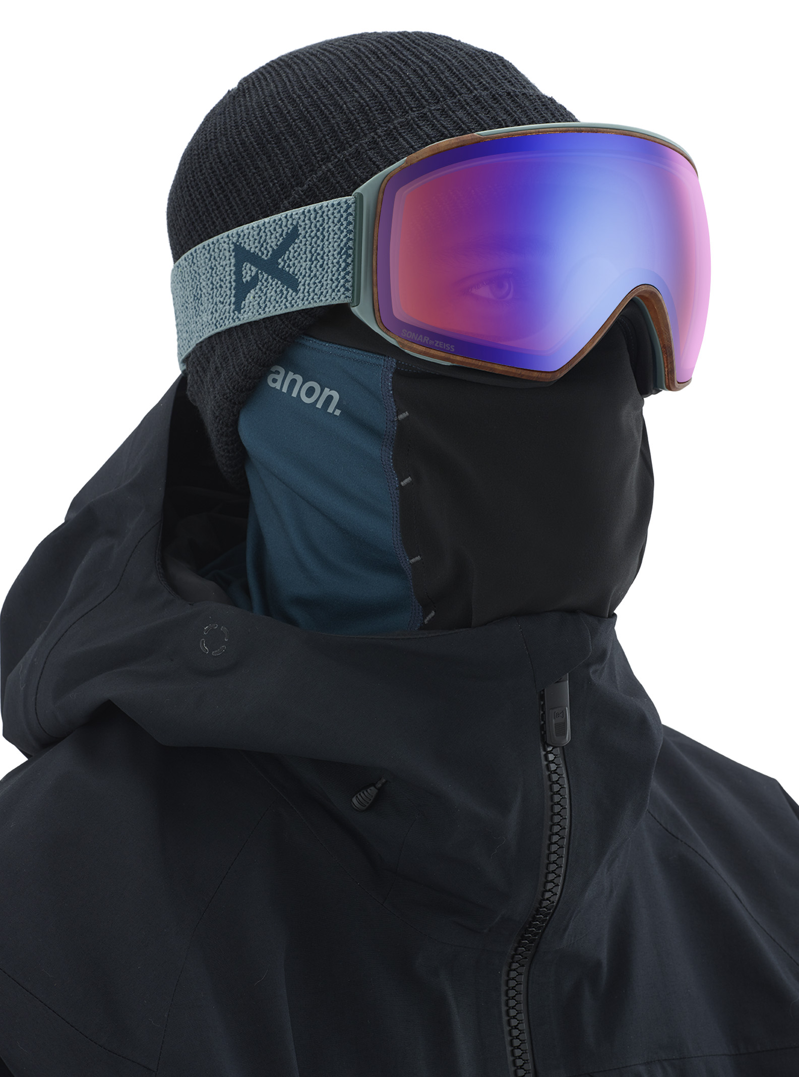 Anon’s WM1 (for women, pictured here) and men’s M3 and M4 goggles come with a buff-style magnetic face mask that securely attaches to the bottom edge of the goggles and stays in place while giving you room to breathe. It helps keep you warm and protected while skiing this season.