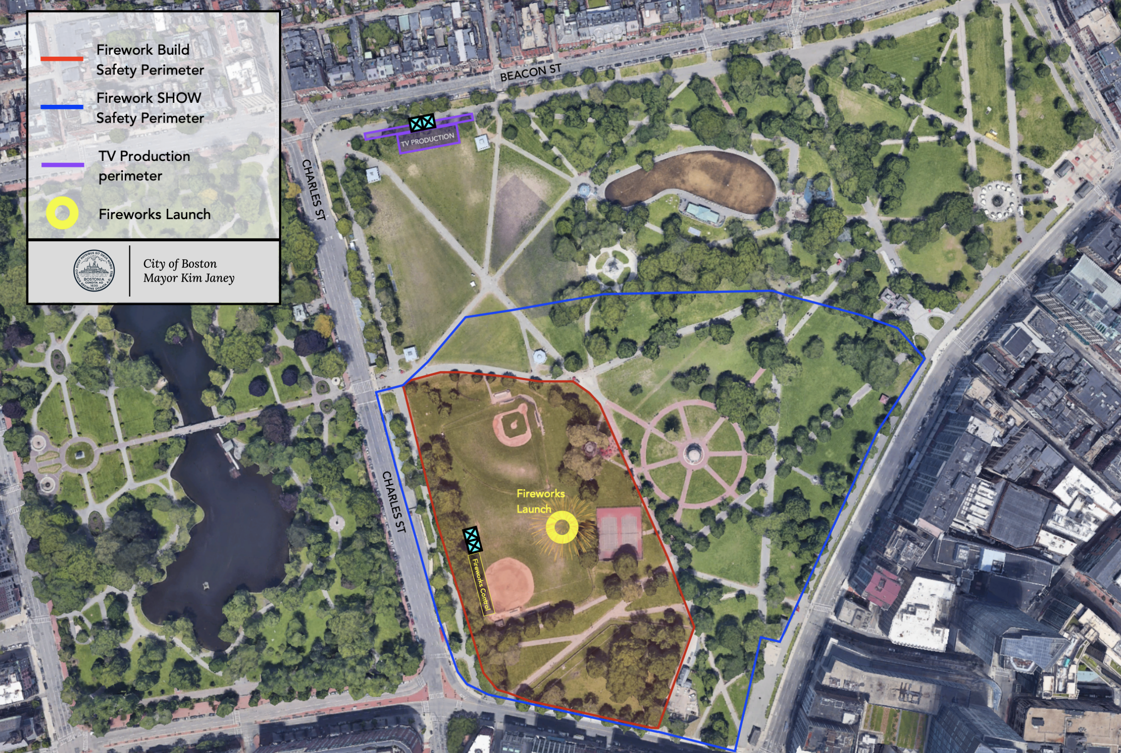 Map of areas restricted in Boston Common during the 2021 July Fourth fireworks.