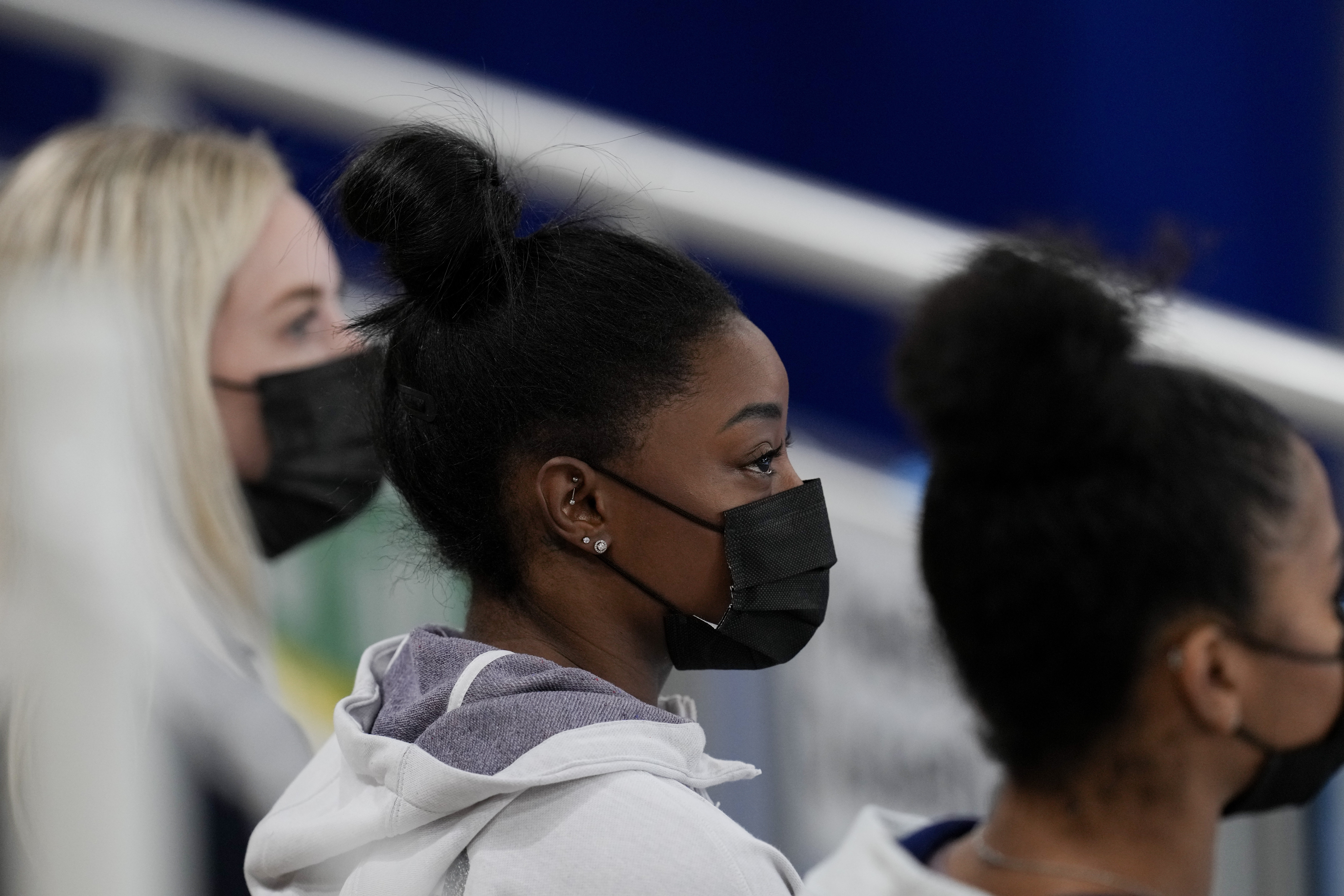 Simone Biles sat on the stands during the artistic gymnastics women's all-around final at the Summer Olympics on Thursday.