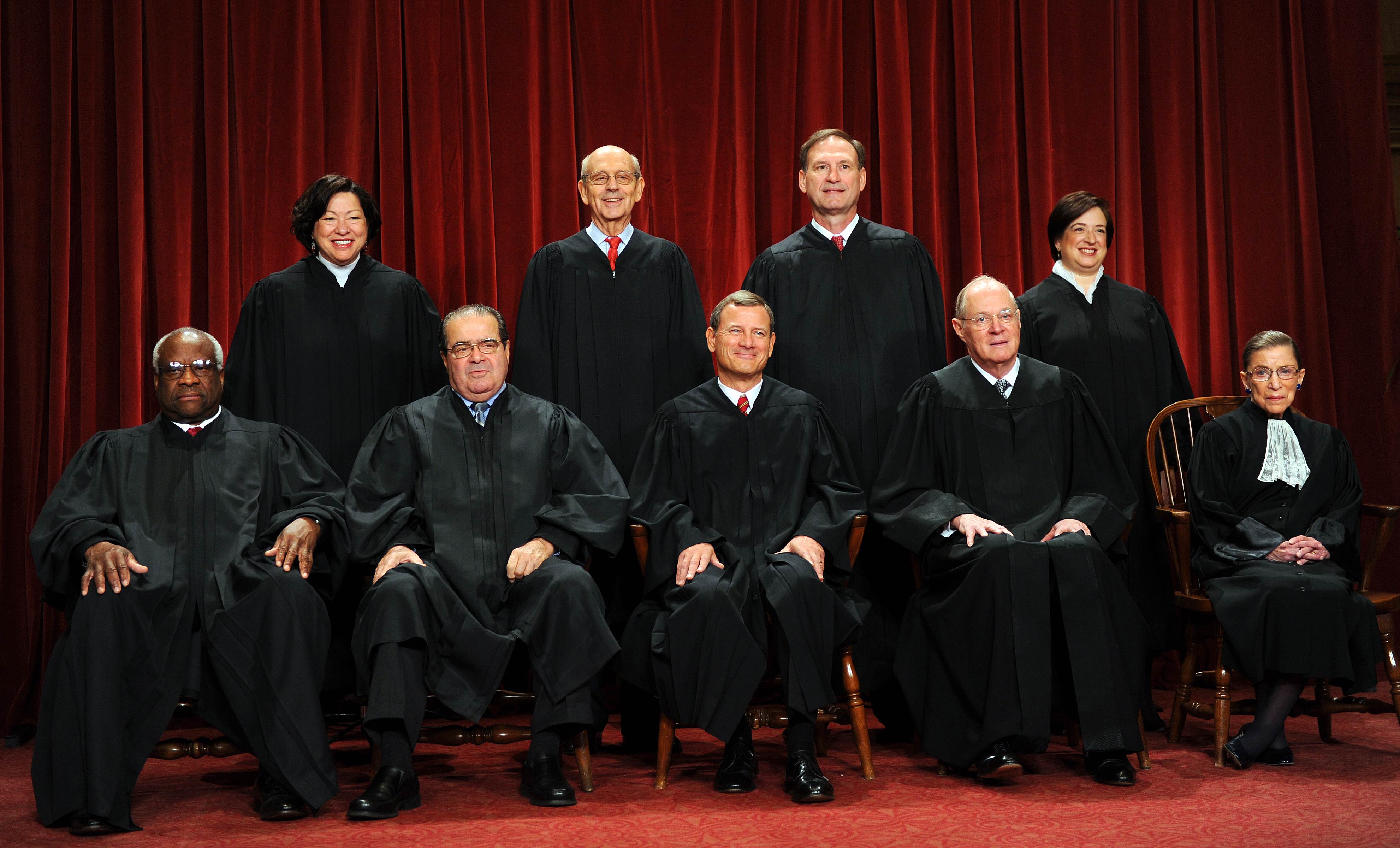 The Justices of the US Supreme Court sat for their official photograph in 2010, when the court had a 6-3 Catholic majority. Front row (from left): Clarence Thomas, Antonin Scalia, Chief Justice John G. Roberts, Anthony M. Kennedy, and Ruth Bader Ginsburg. Back Row (from left): Sonia Sotomayor, Stephen Breyer, Samuel Alito Jr., and Elena Kagan.