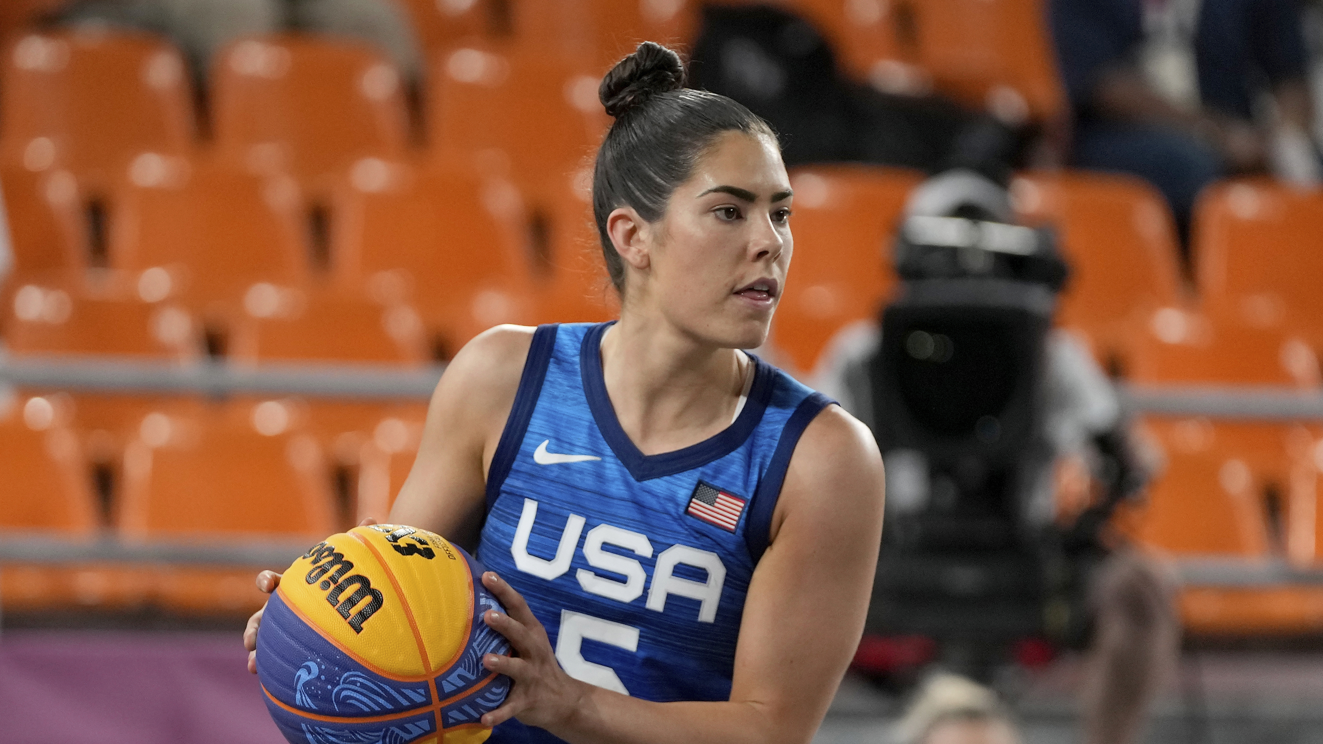 United States' Kelsey Plum looks to pass in a 3-on-3 contest against Russia at the Tokyo Games.
